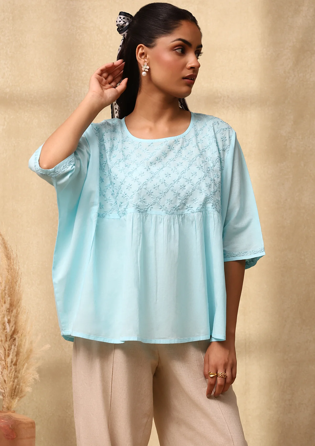 HOC Cotton Chikankari Solid Women's Top - Powder Blue - Healthber