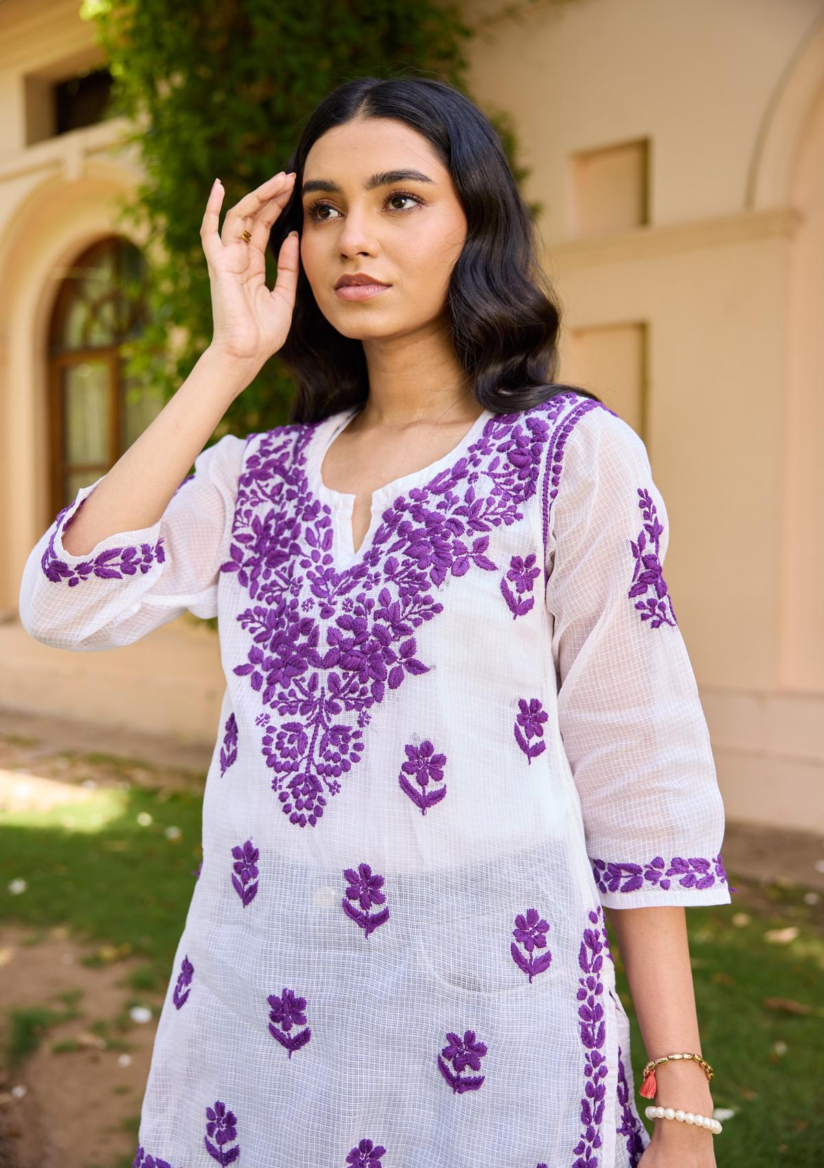 HOC Kota Chikankari Solid Women's Short Kurta with lining - White - Healthber