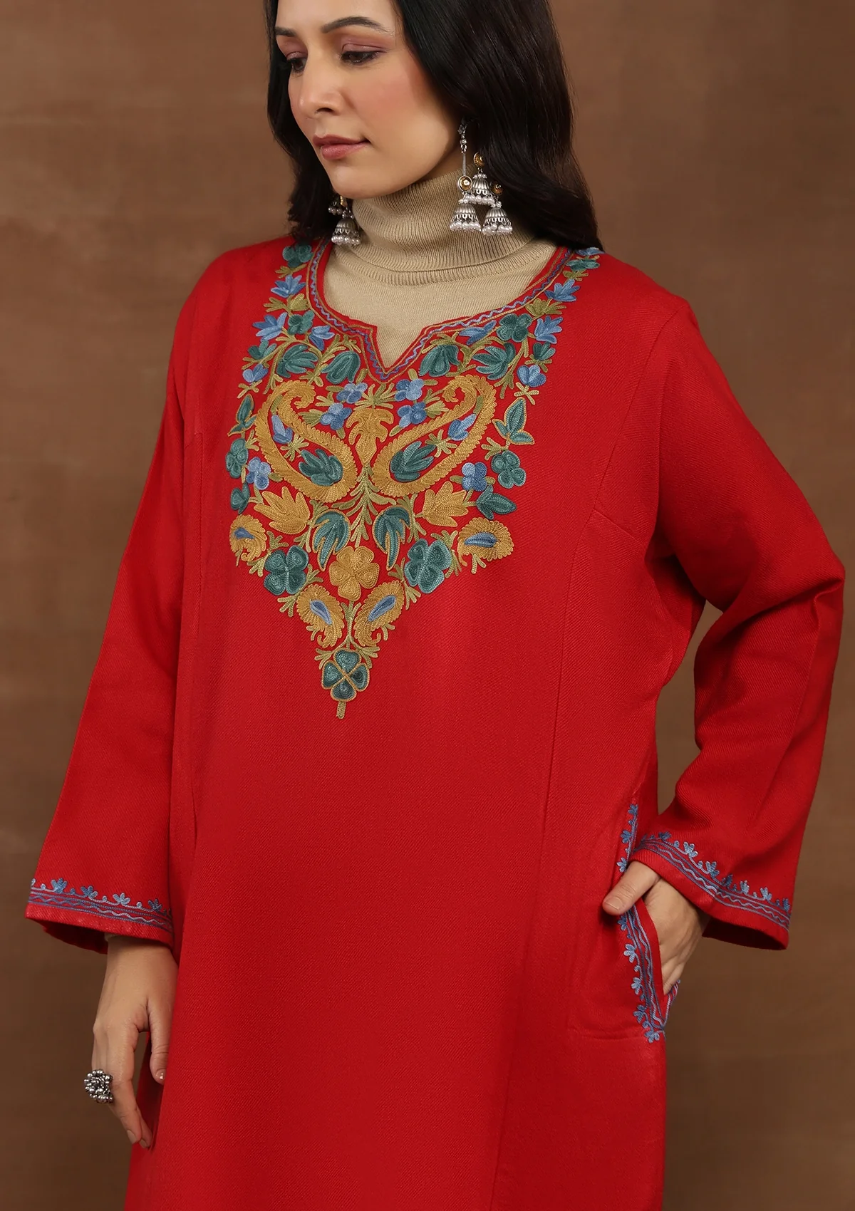 HOC Kashmiri Wool Aari Embroidered Solid Women's Phiran Kurta-Red - Healthber