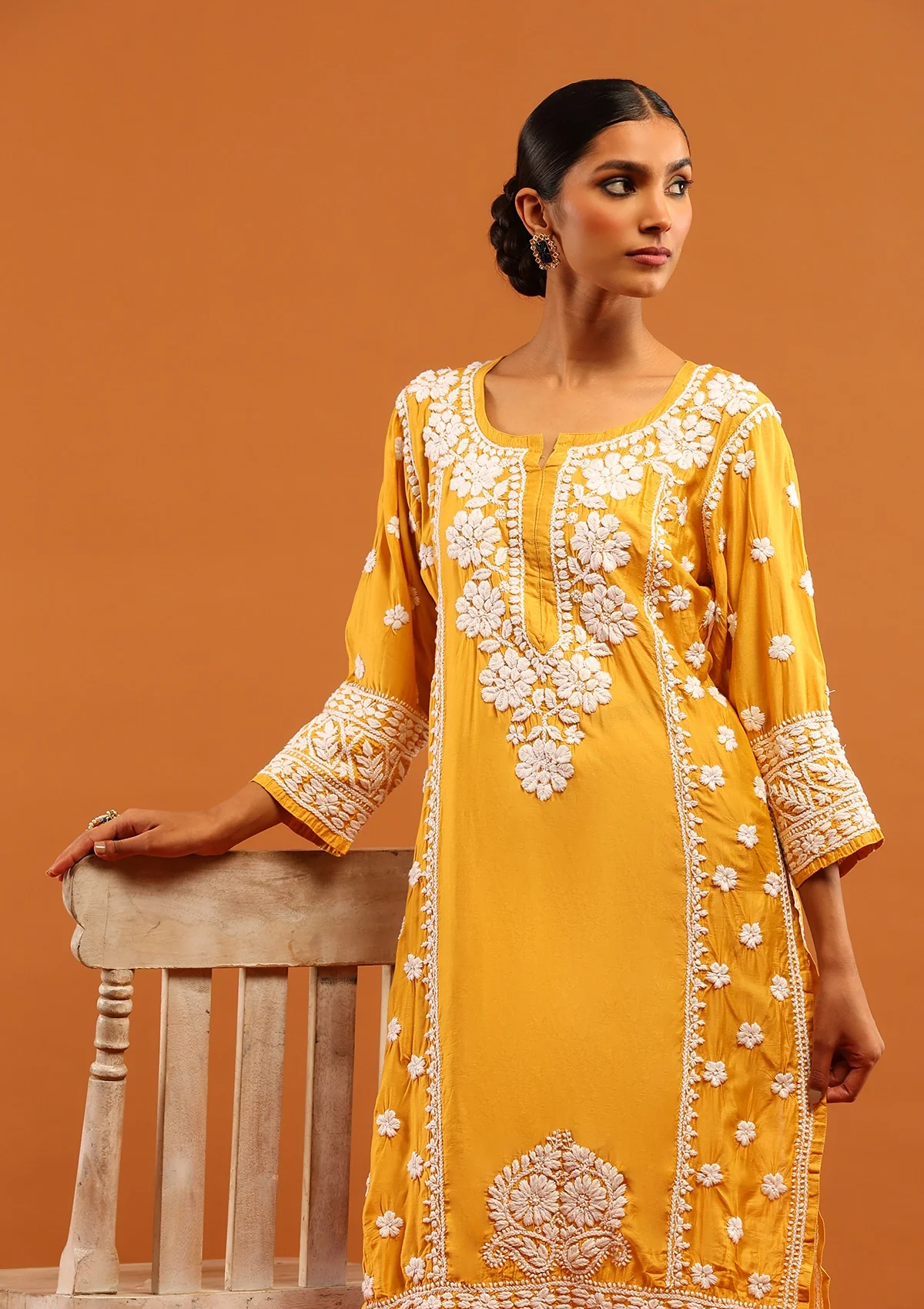 HOC Chanderi Chikankari Solid Women's Long Kurta - Mustard - Healthber