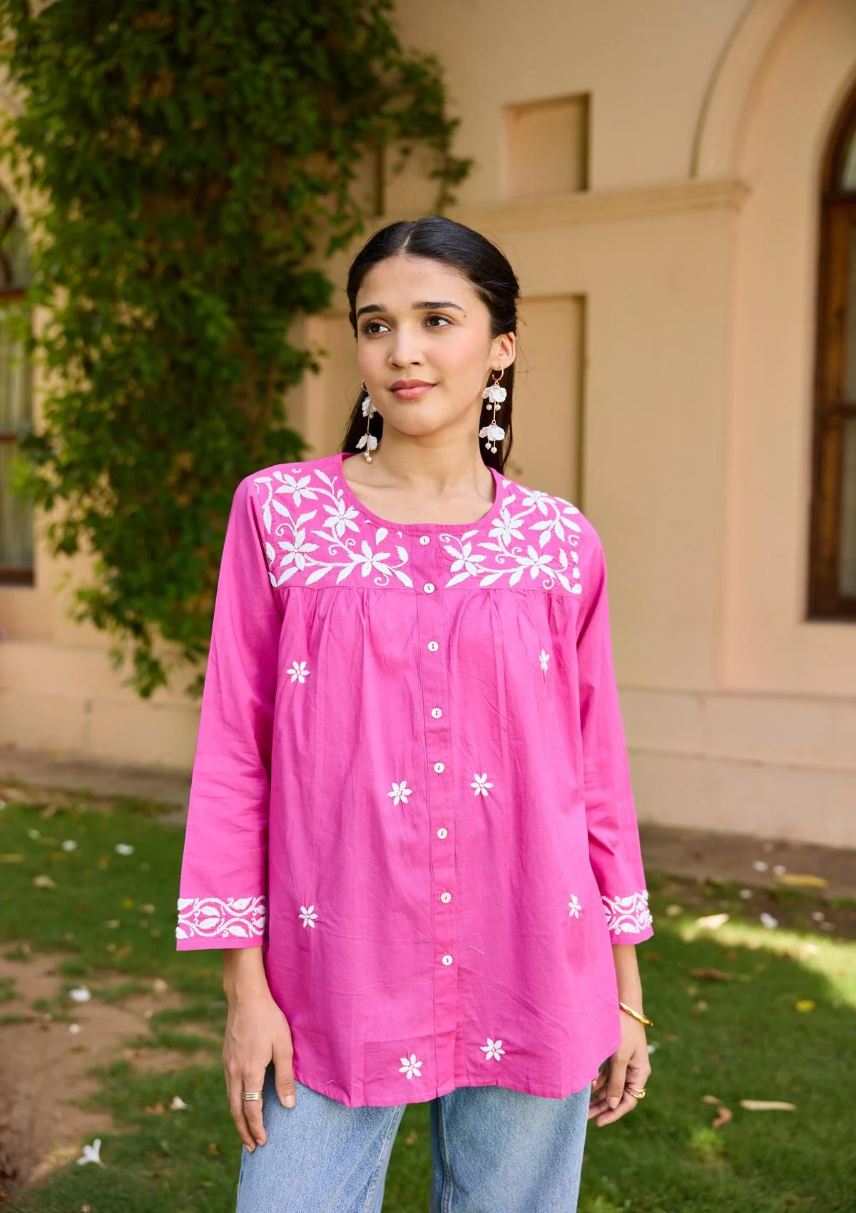 HOC Cotton Chikankari Solid Women's Shirt - Pink - Healthber