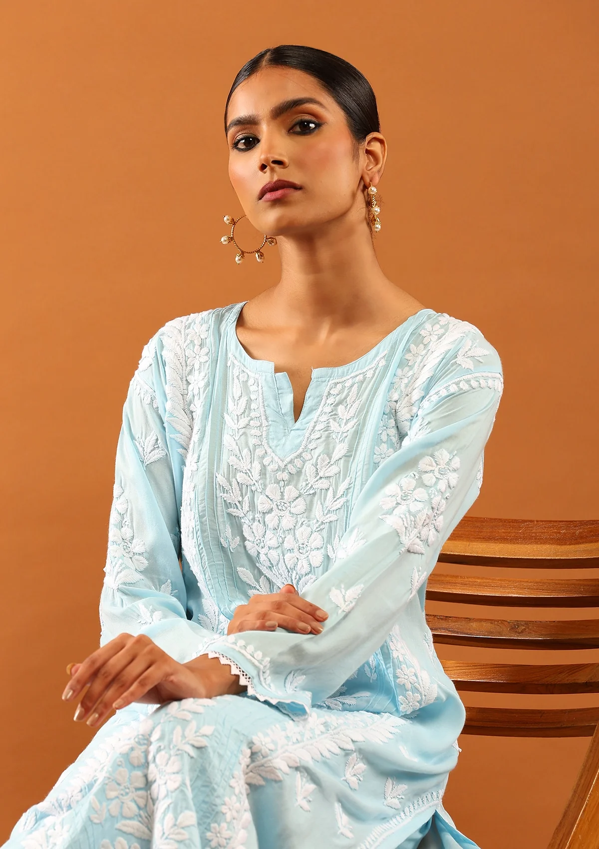 HOC Modal Chikankari Solid Women's 2 PC Long Kurta Set With Lace -Pastel Blue - Healthber