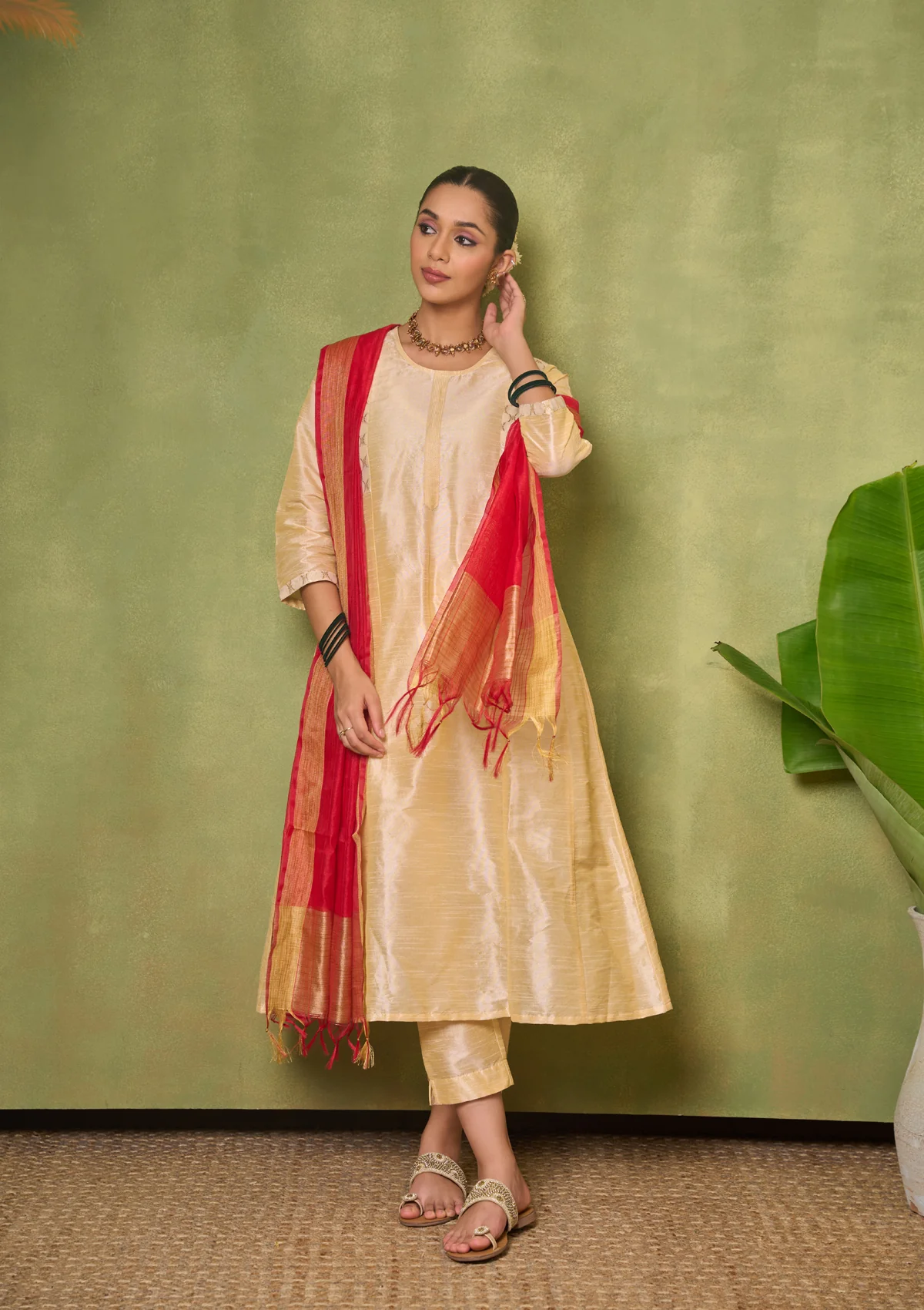 HOC Silk Blend Solid Women's 3 PC A-Line Kurta Set - Golden - Healthber