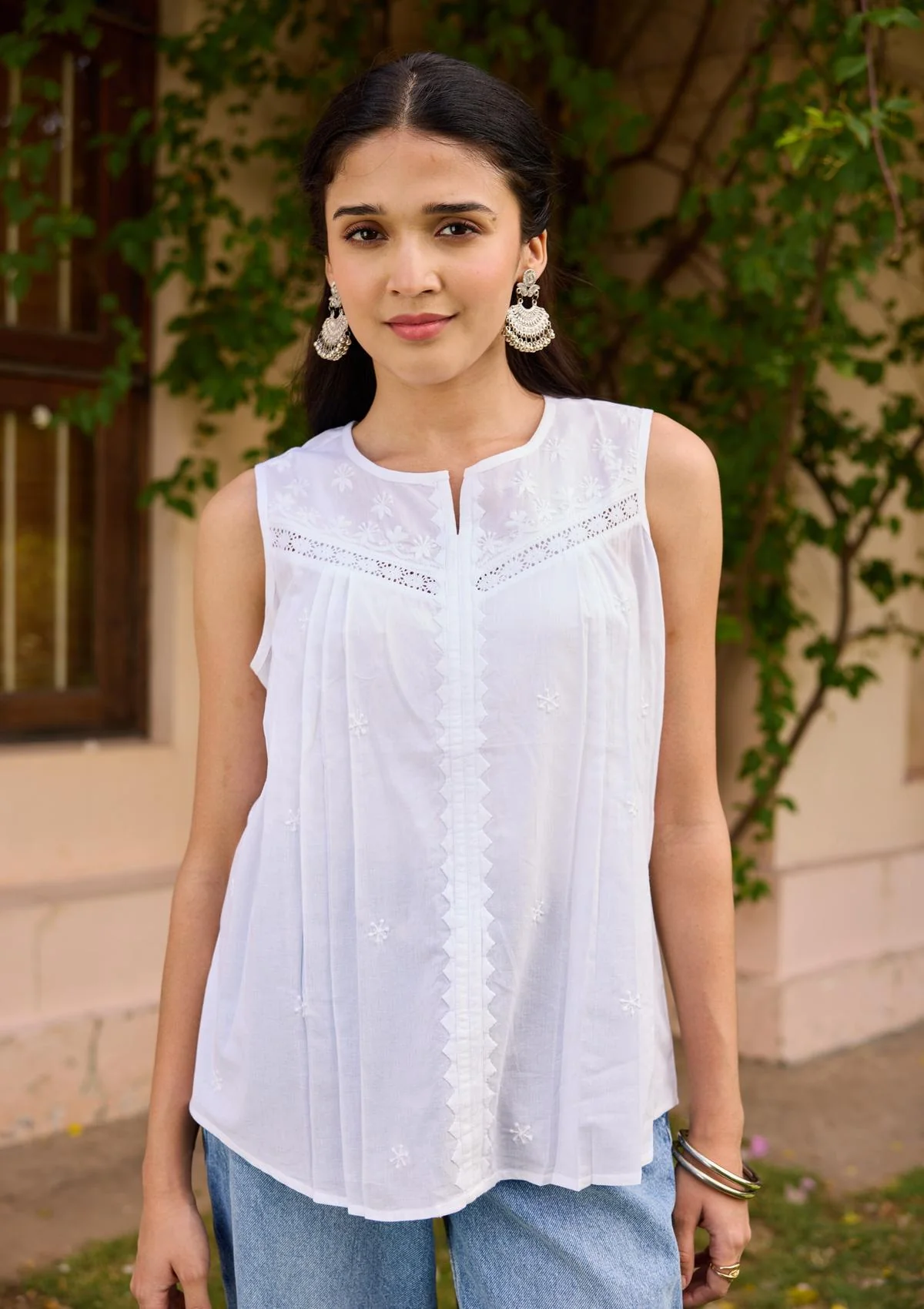 HOC Cotton Chikankari Solid Women's Top - White - Healthber