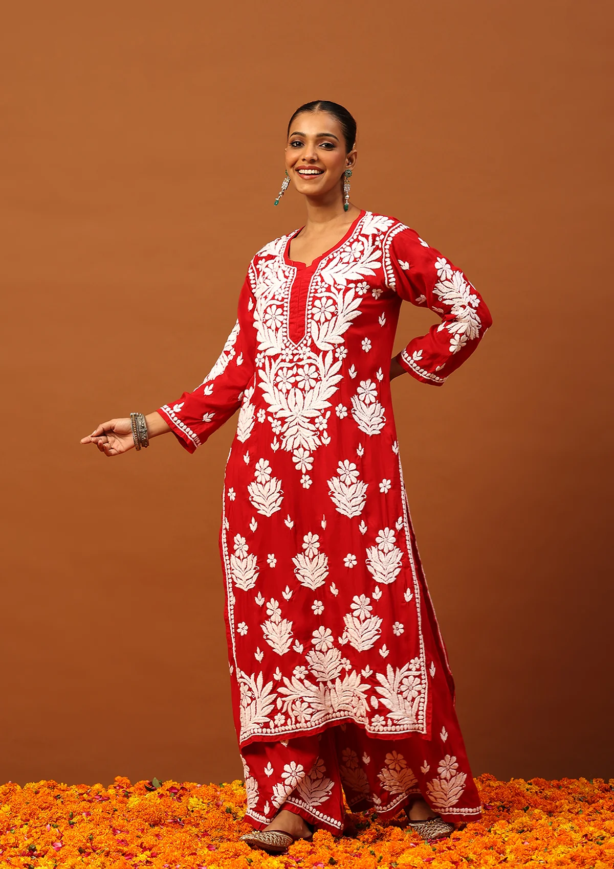 HOC Modal Chikankari Solid Women's 2 PC Long Kurta Set -Red - Healthber