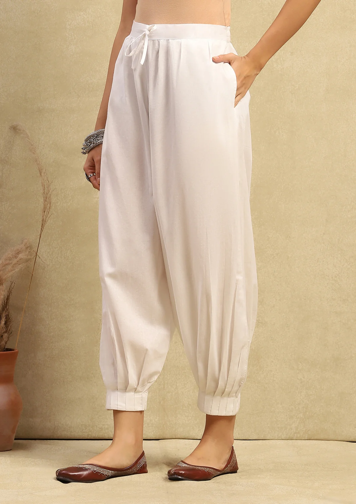 HOC Cotton Cambric Women's Solid Afghani Salwar-White - Healthber