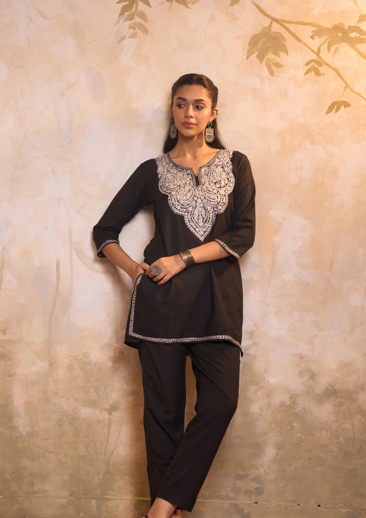 HOC Cotton Embroidered Zari Work Solid Women's 2 PC Co-ords-Set - Black - Healthber