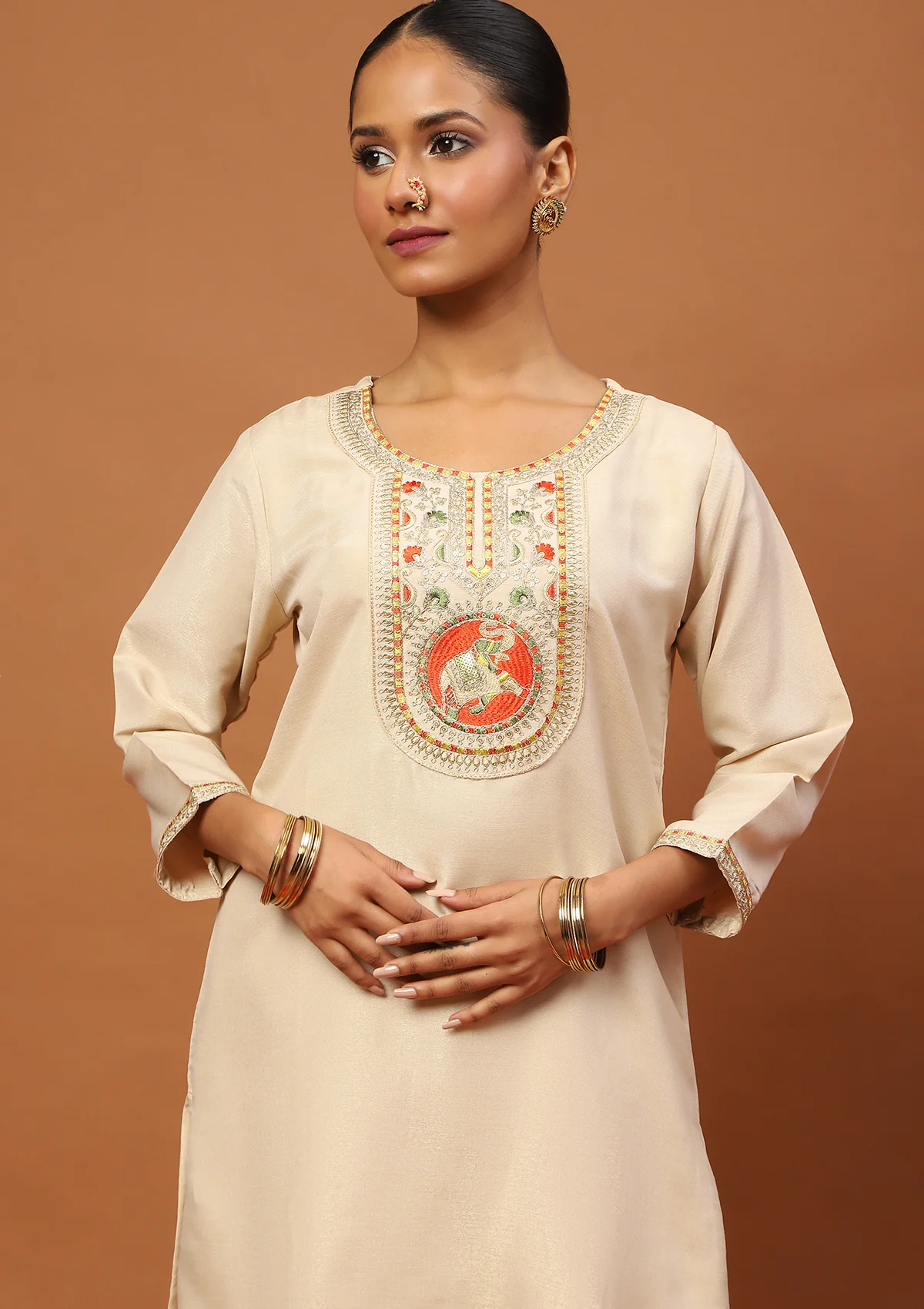 HOC Cotton Blend Embroidered With Sequin 3 PC Straight Kurta Set  C Beige - Healthber