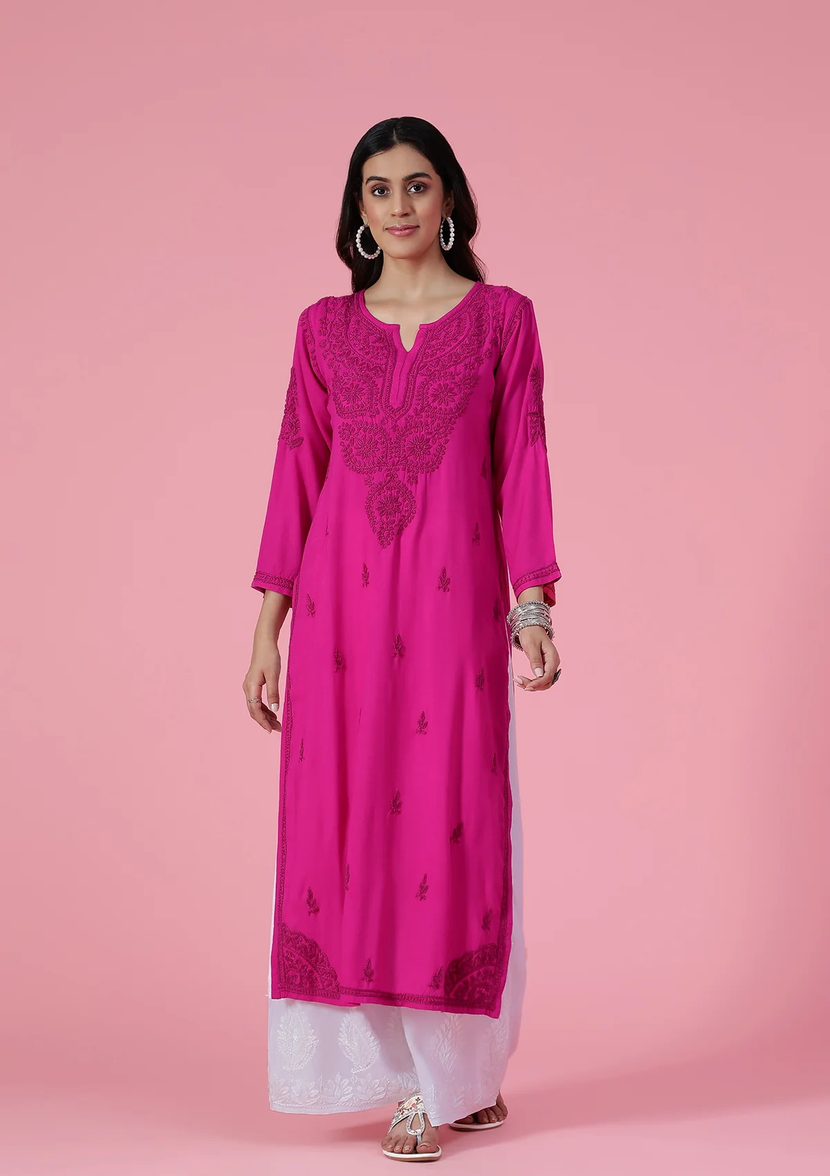 HOC Rayon Chikankari Solid Women's Long Kurta - Pink - Healthber