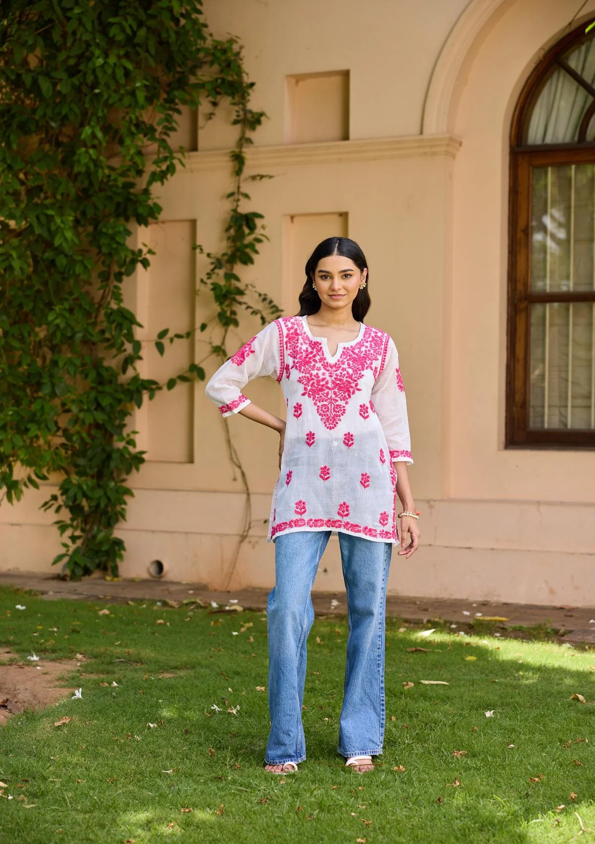 HOC Kota Chikankari Solid Women's Short Kurta with lining - White - Healthber