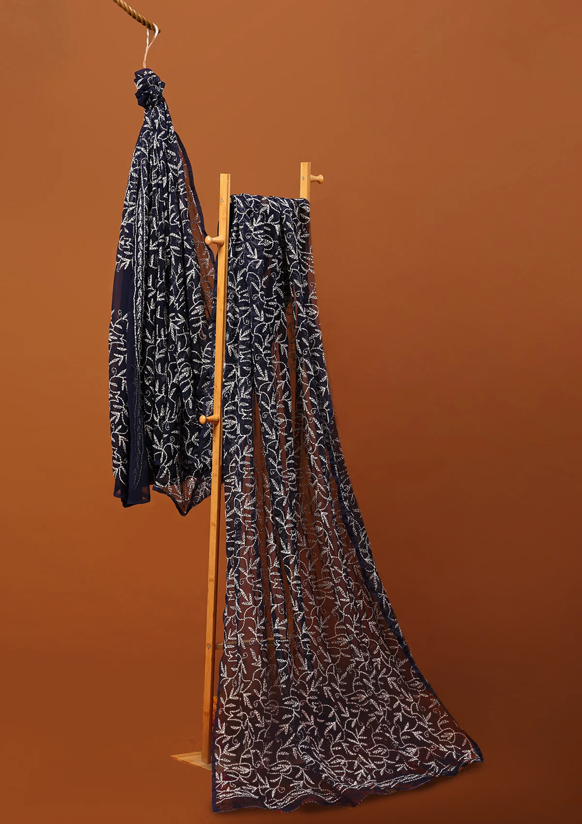 HOC Georgette Handwork Chikankari Tepchi Jaal Work Solid Women's Saree - Navy Blue - Healthber