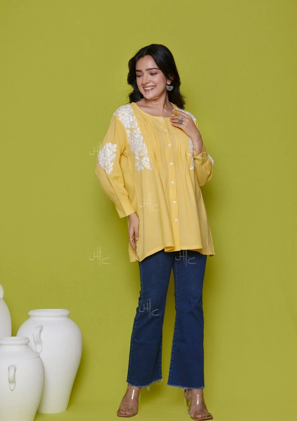 Rayon Chikankari Solid Women's Shirt - Yellow - Healthber