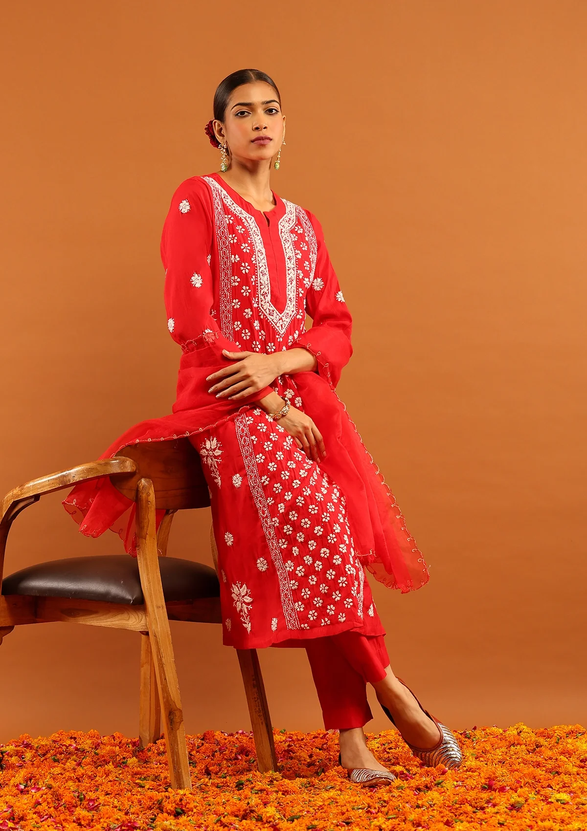 HOC Chanderi Chikankari Solid Women's 3 PC Long Kurta Set-Red - Healthber