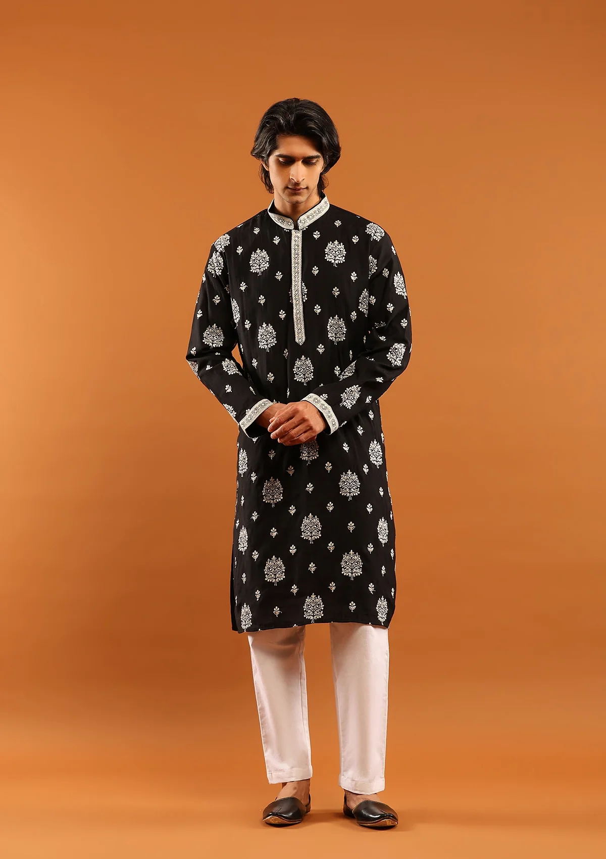 HOC Poly Silk Zari Embroidered Solid Men's Long Kurta- Black - Healthber