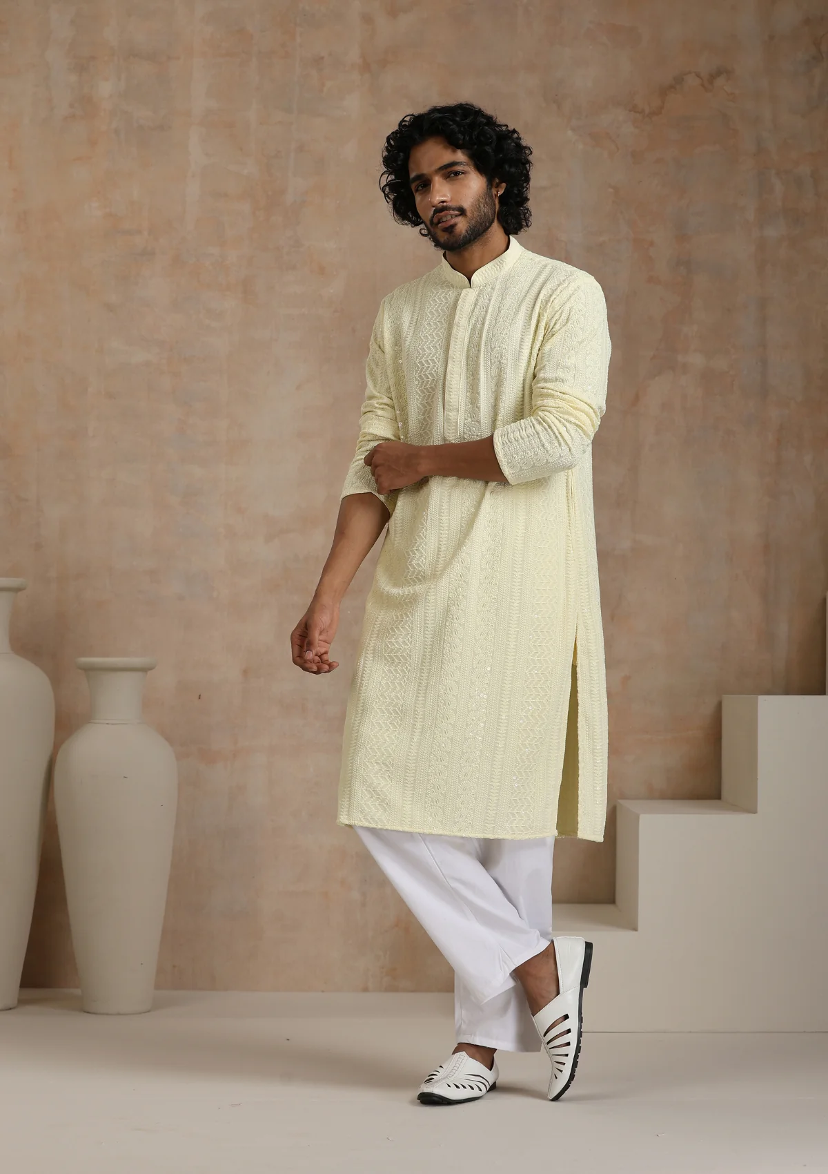 Rayon Schiffli Solid Men's Long Kurta- Cream - Healthber