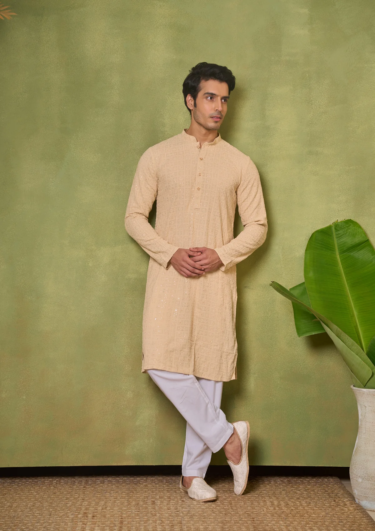 HOC Rayon Embroidered With Sequins Solid Men's Long Kurta- Beige - Healthber