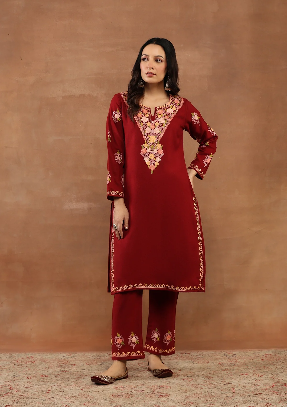 HOC Kashmiri Wool Aari Embroidered Solid Women's 2 PC Kurta Set-Maroon - Healthber