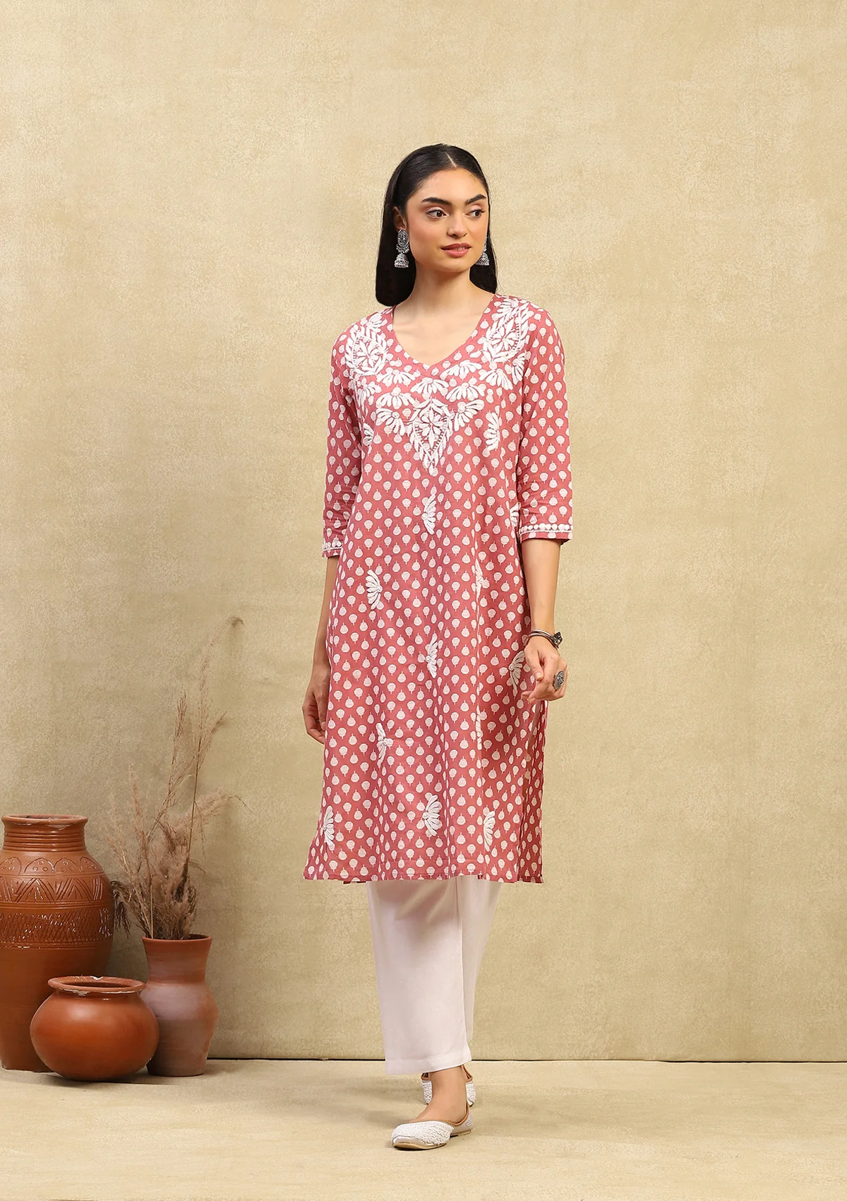 HOC Cotton Chikankari Printed Women's Long Kurta - Dust Pink - Healthber