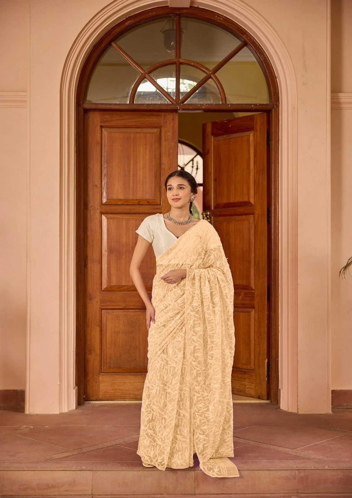 HOC Georgette Handwork Chikankari Tepchi Jaal Work Solid Women's Saree - Peach - Healthber