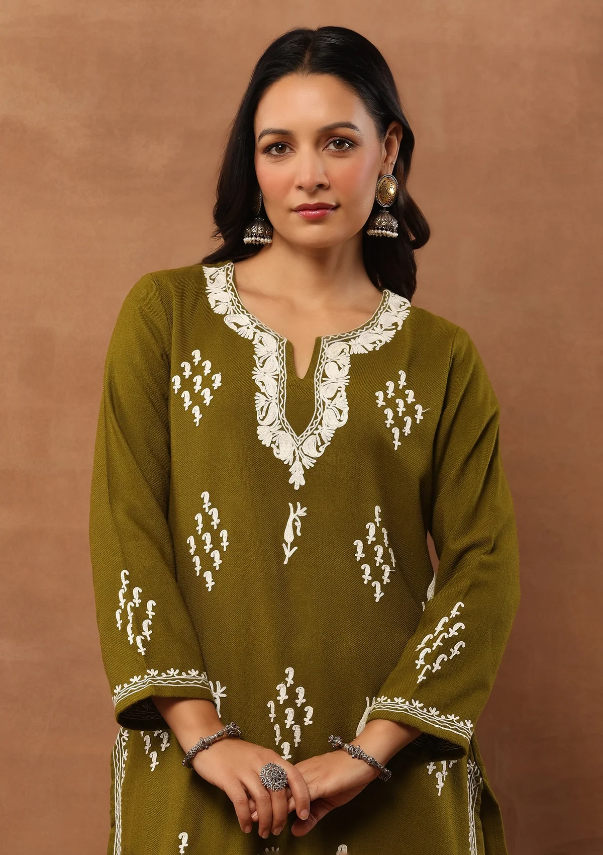 HOC Aari Embroidered Woollen Solid Women's Long Kurta - Olive Green - Healthber