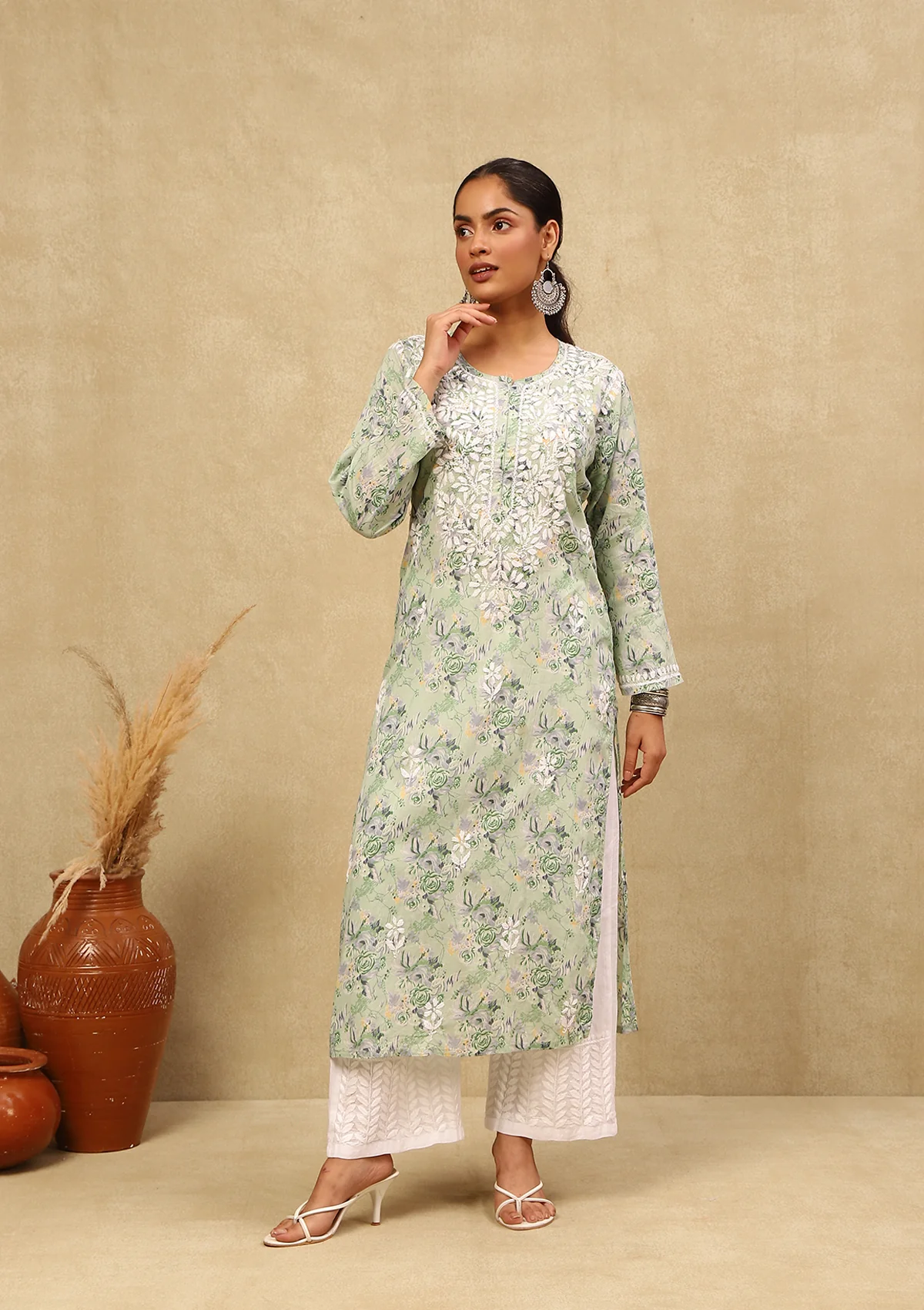 HOC Mulmul Chikankari Printed Women's Long Kurta -Light Green - Healthber