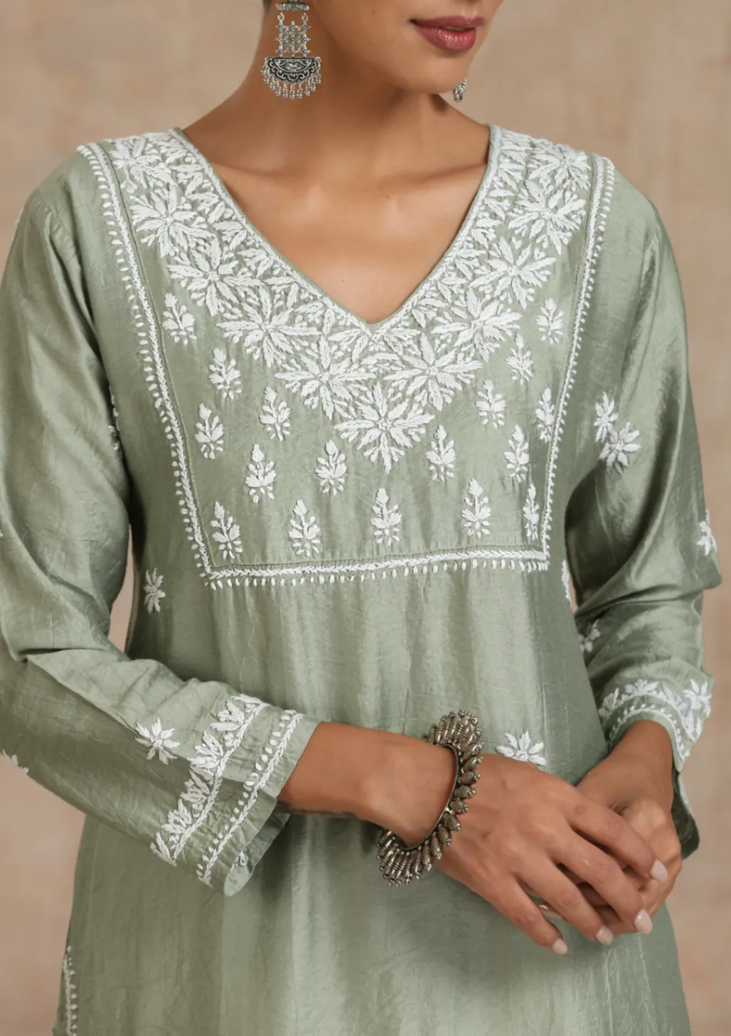 HOC Chanderi Chikankari Solid Women's Long Kurta - Green - Healthber