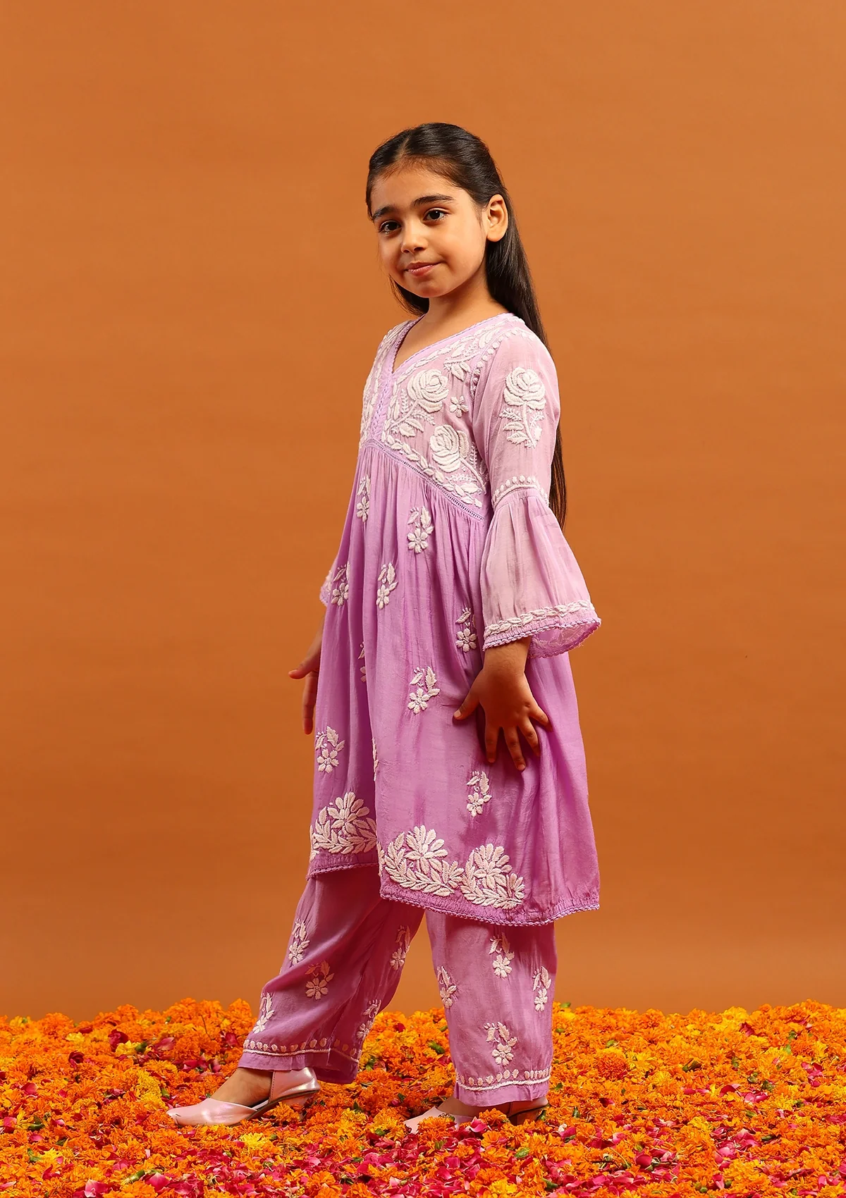 HOC Muslin Chikankari Ombre Girl's 2 PC A-Line Kurta Set-Lavender - Healthber