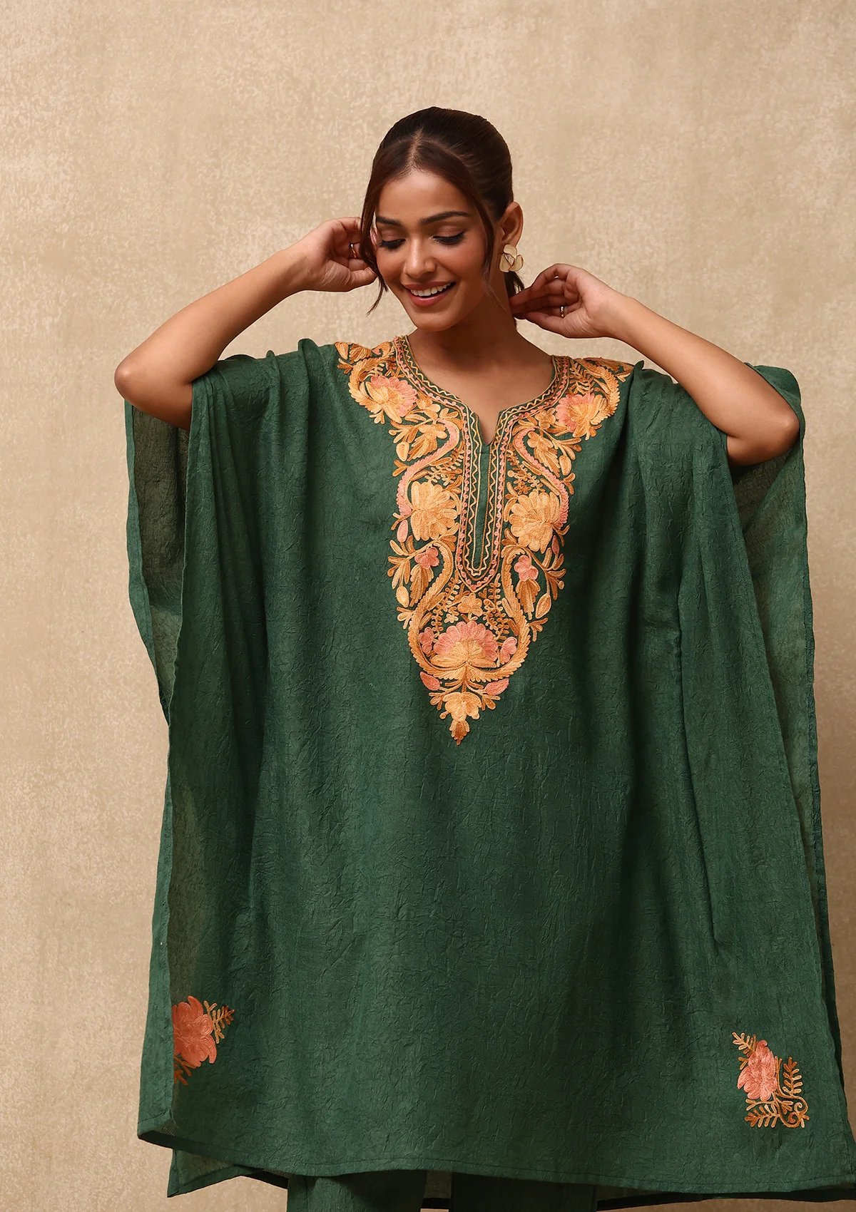 HOC Aari Embroidered Cotton Crush Crepe Solid Women's 2PC Kaftan Set - Green - Healthber