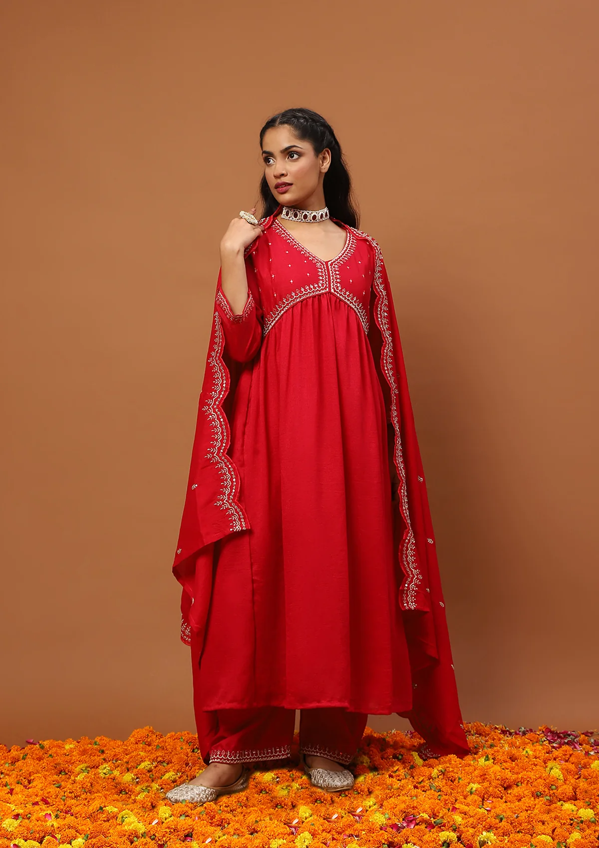 HOC Silk Blend Zari Embroidered Solid Women's 3 PC A-Line Kurta Set-Red - Healthber