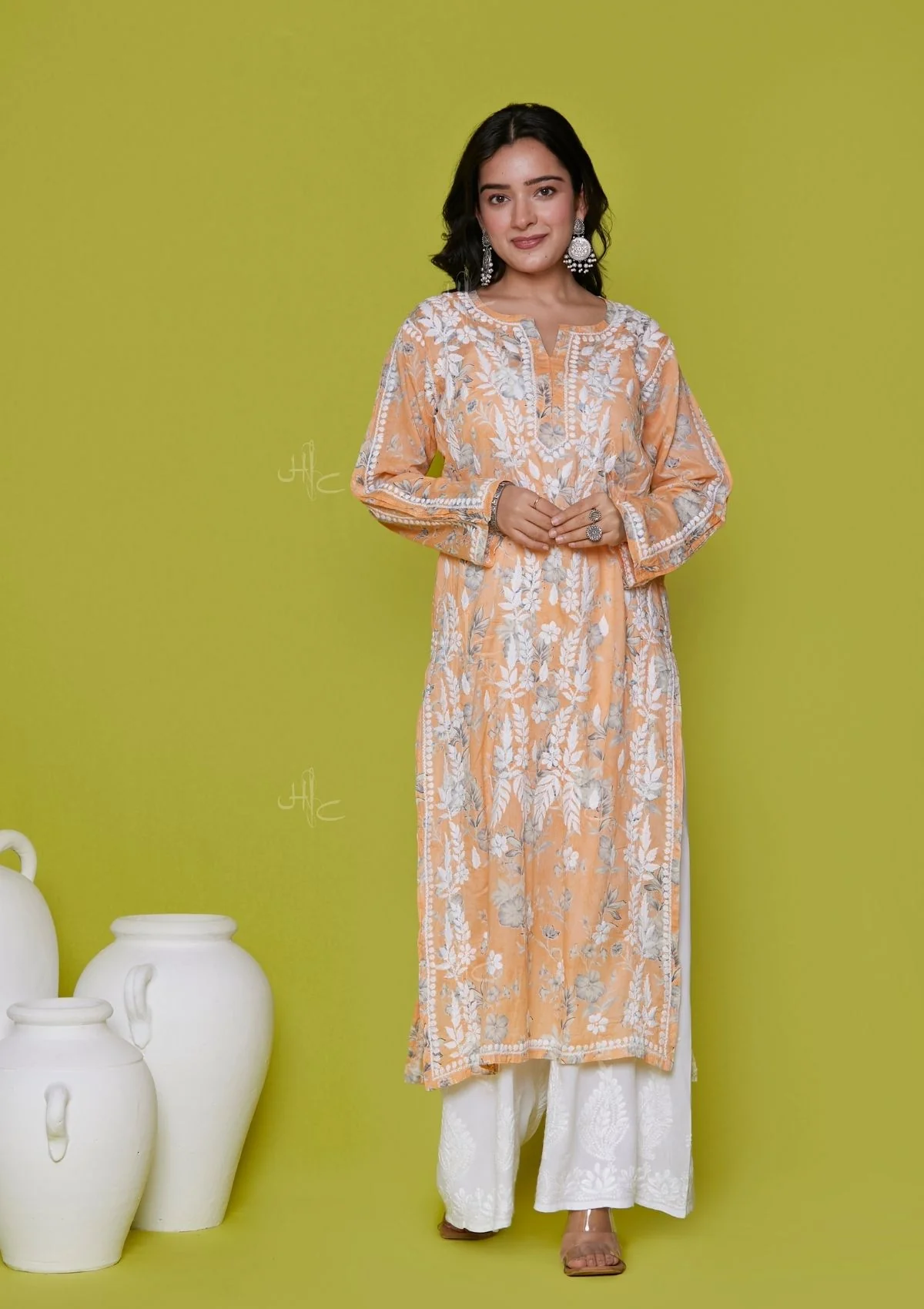 HOC Mulmul Chikankari Printed Women's Long Kurta - Orange - Healthber