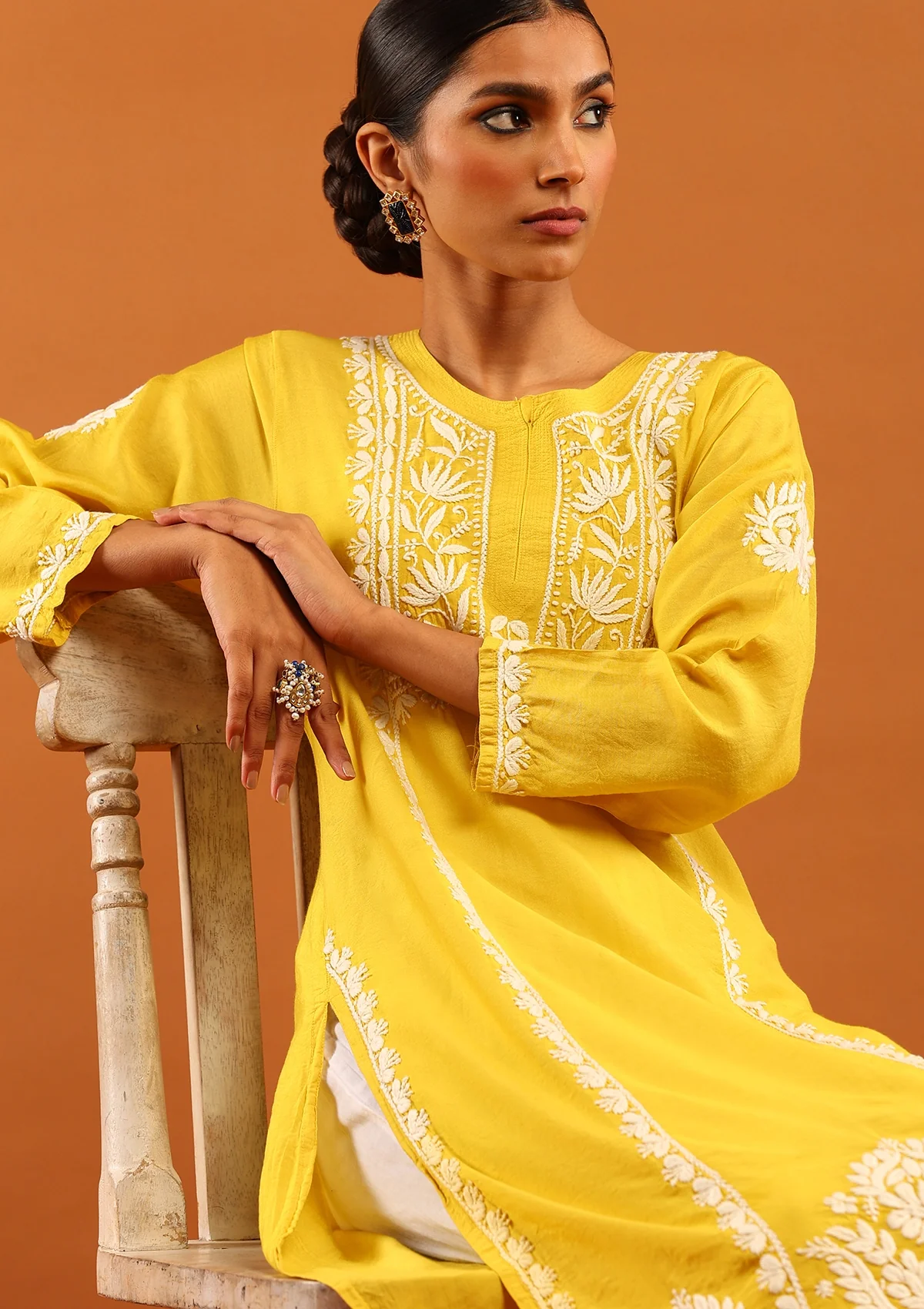 HOC Chanderi Chikankari Solid Women's Long Kurta -Mustard - Healthber