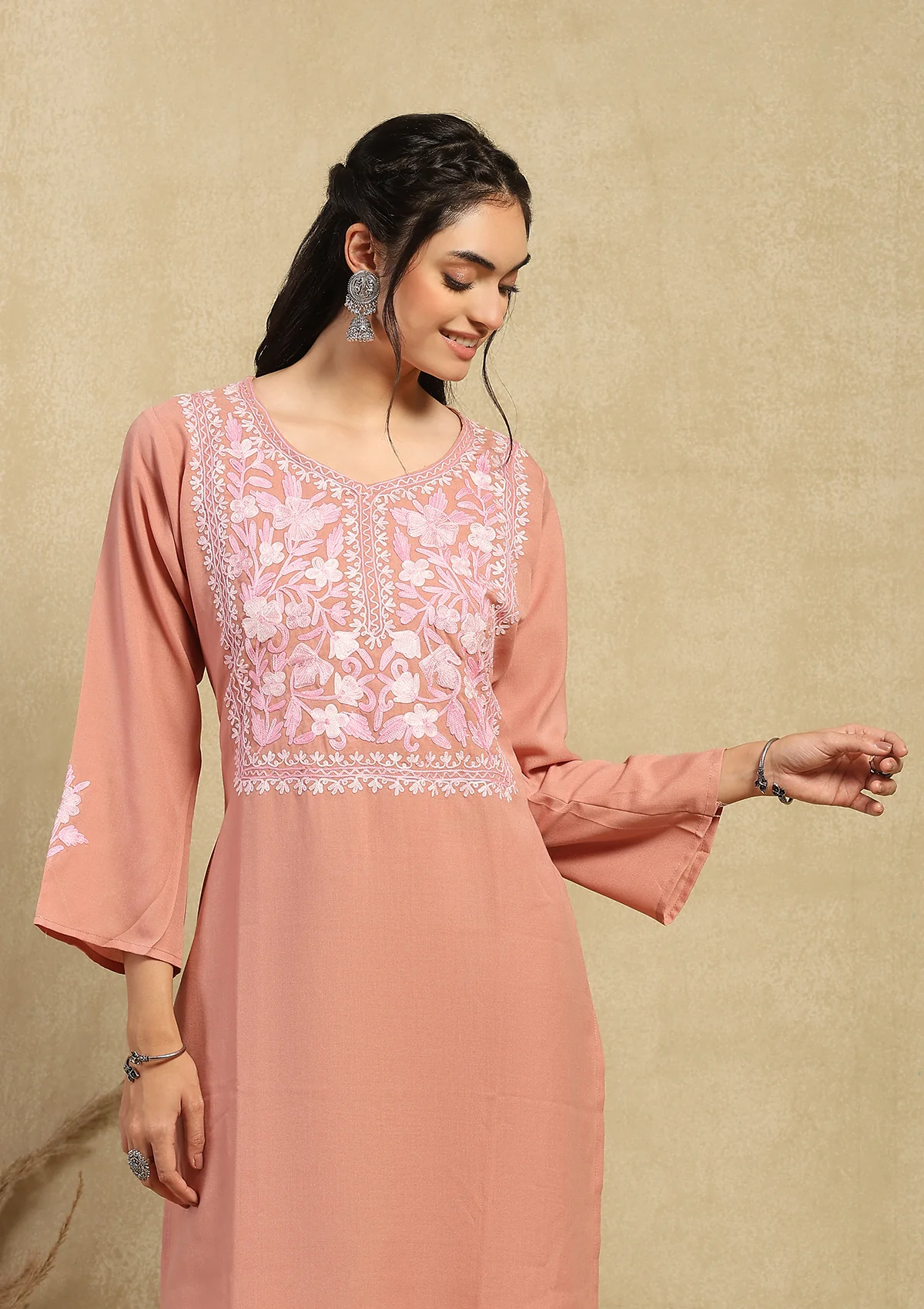 HOC Cotton Aari Embroidered Solid Women's 2 PC Long  Kurta Set - Pink - Healthber