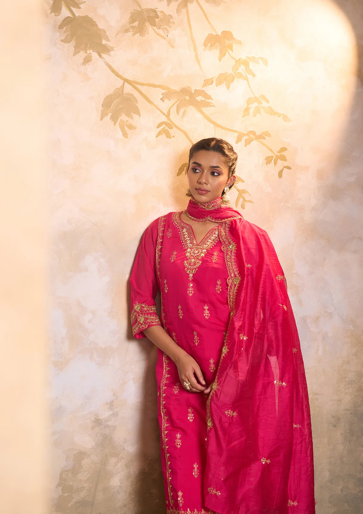 HOC Chanderi Blend Embroidered Zardozi Solid Women's 3 PC Long Kurta Set-Pink - Healthber