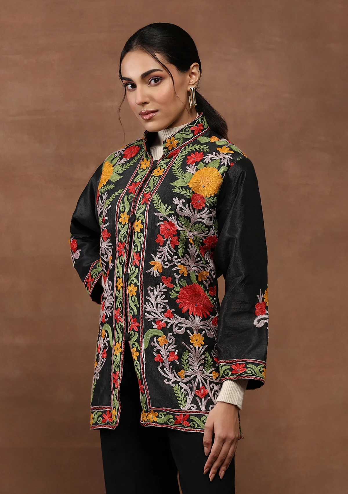 HOC Kashmiri Art Silk Aari Embroidered Solid Women's Jacket-Black - Healthber