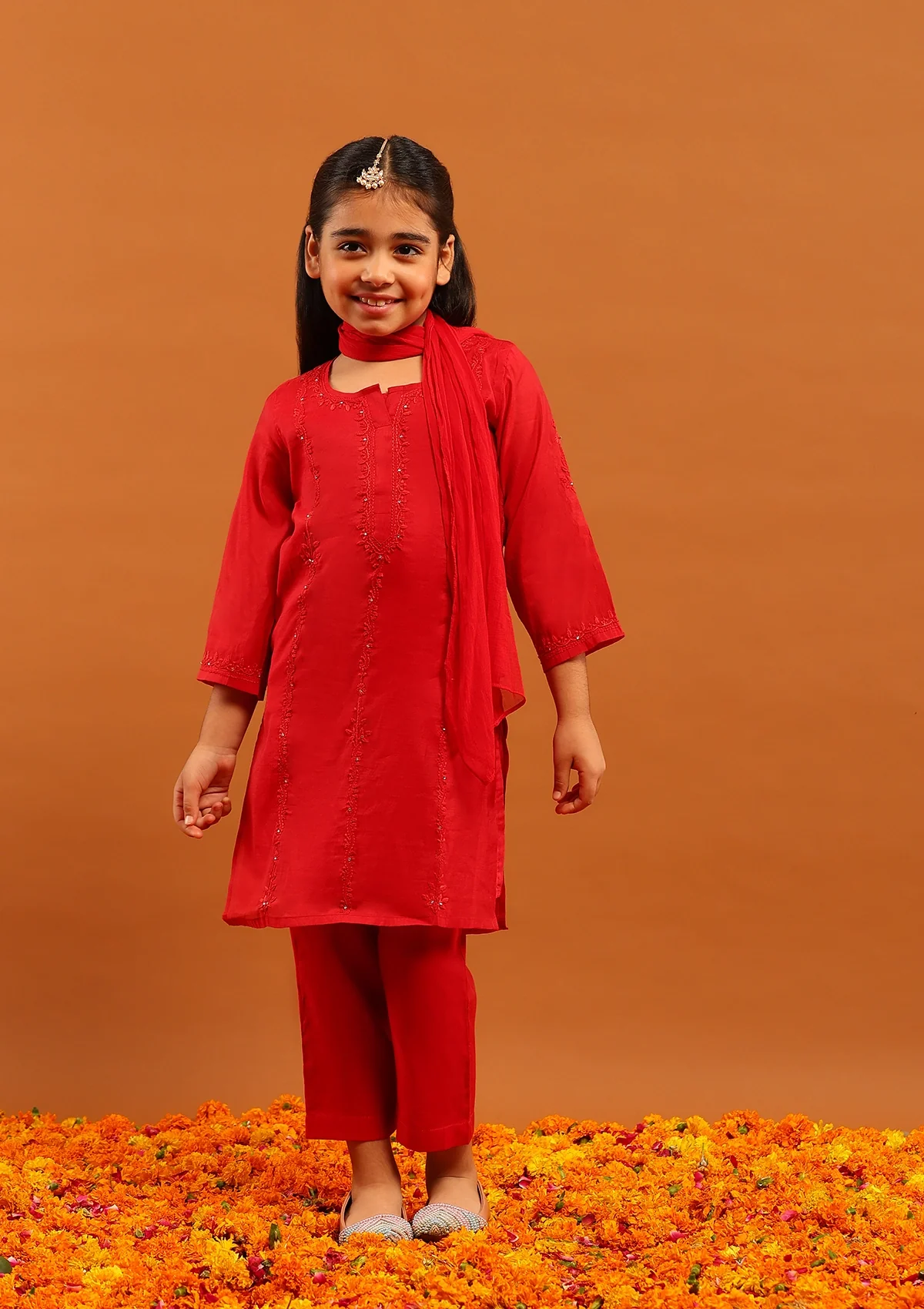 HOC Chanderi Chikankari Solid Girl's 4 PC Straight Kurta Set-Red - Healthber