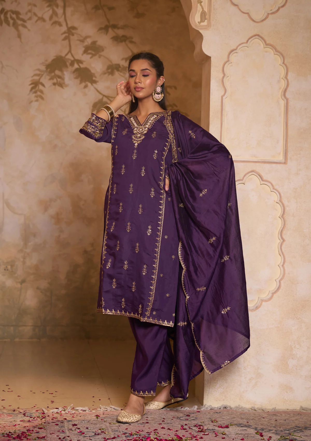 HOC Chanderi Blend Embroidered Zardozi Solid Women's 3 PC Long Kurta Set-Purple - Healthber