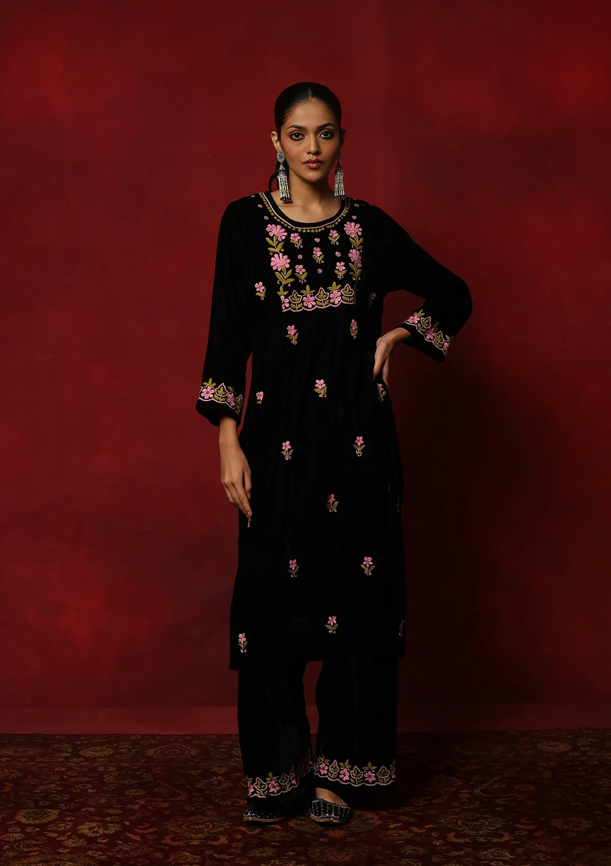 HOC Rumi Chikankari Velvet Straight Kurta Set - Healthber