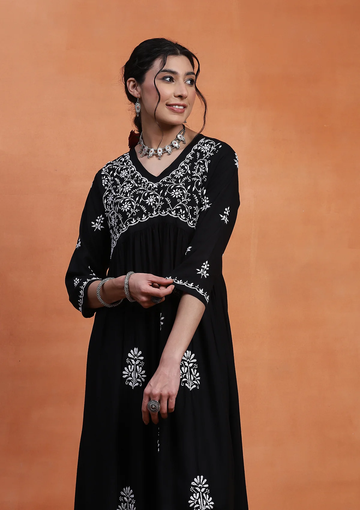 HOC Rayon Chikankari Solid Women's Long Kurta  - Black - Healthber