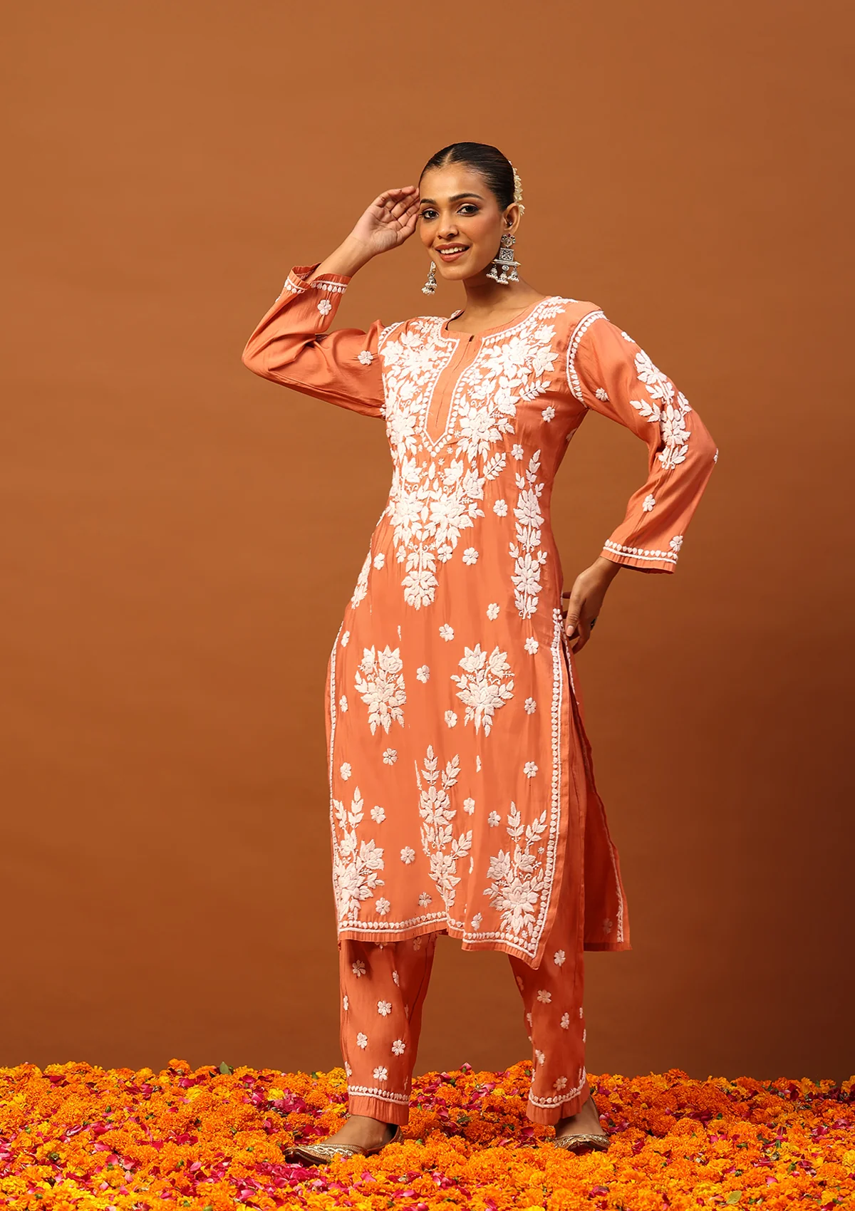HOC Chanderi Chikankari Solid Women's 2 PC Long Kurta Set -Peach - Healthber