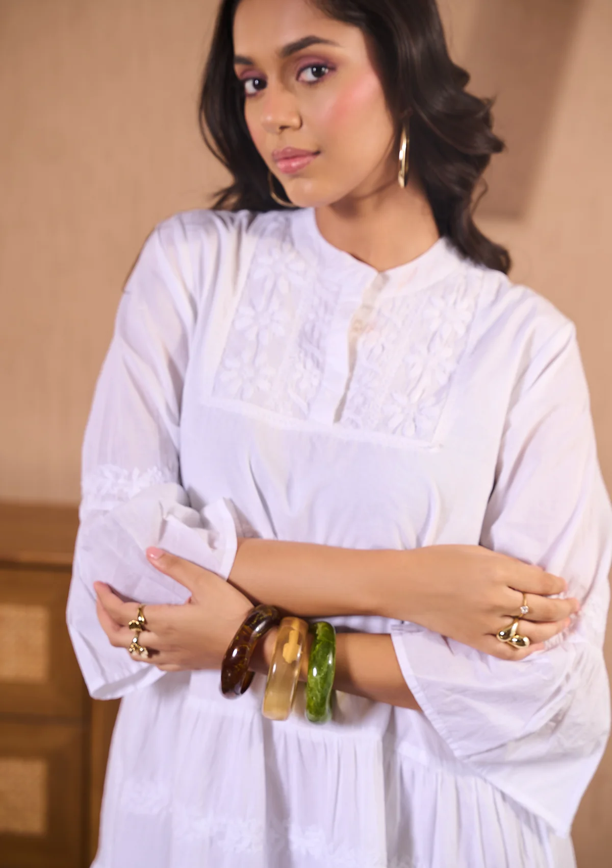 HOC Cotton Chikankari Solid Women's Short Dress-White - Healthber