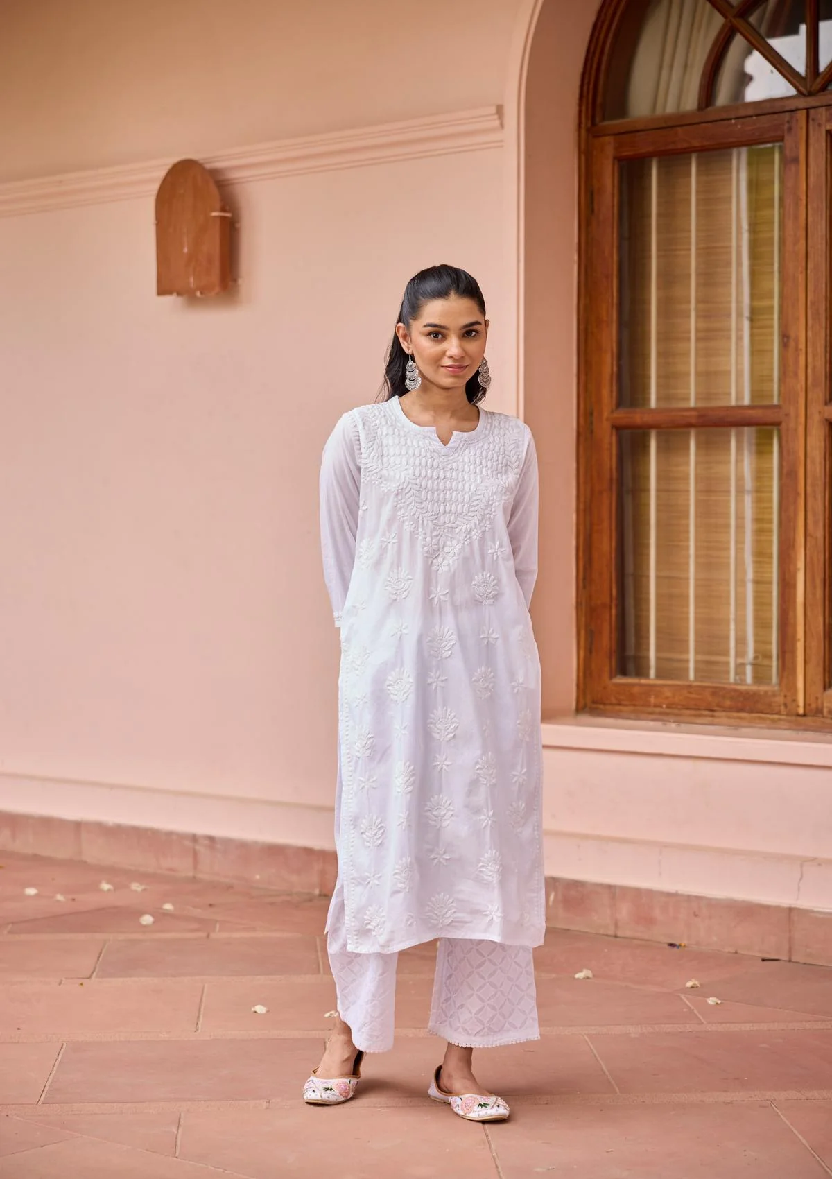 HOC Cotton Chikankari Solid Women's Long Kurta - White - Healthber