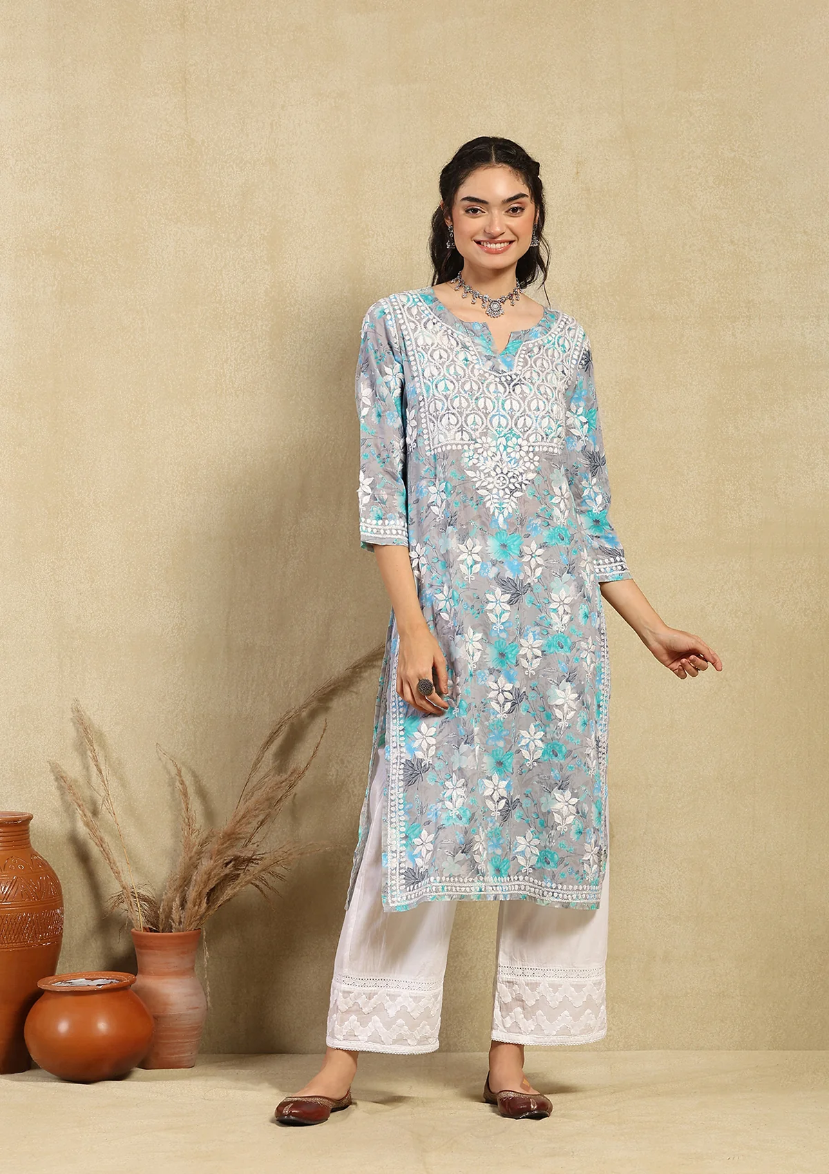 HOC Zarah Chikankari Mulmul Printed Straight Kurta - Healthber