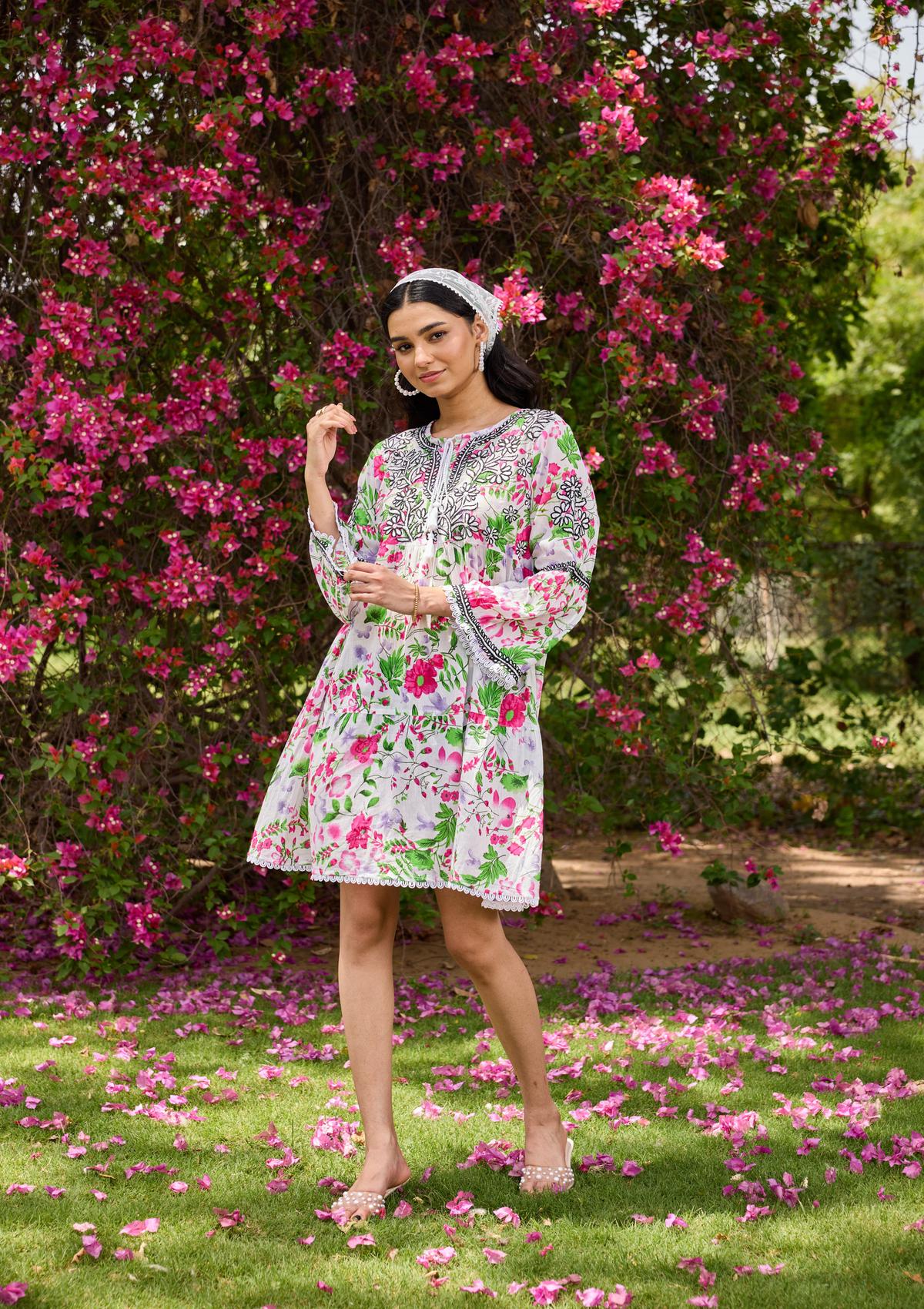 HOC Mulmul Chikankari Printed Women's Short Dress - White - Healthber