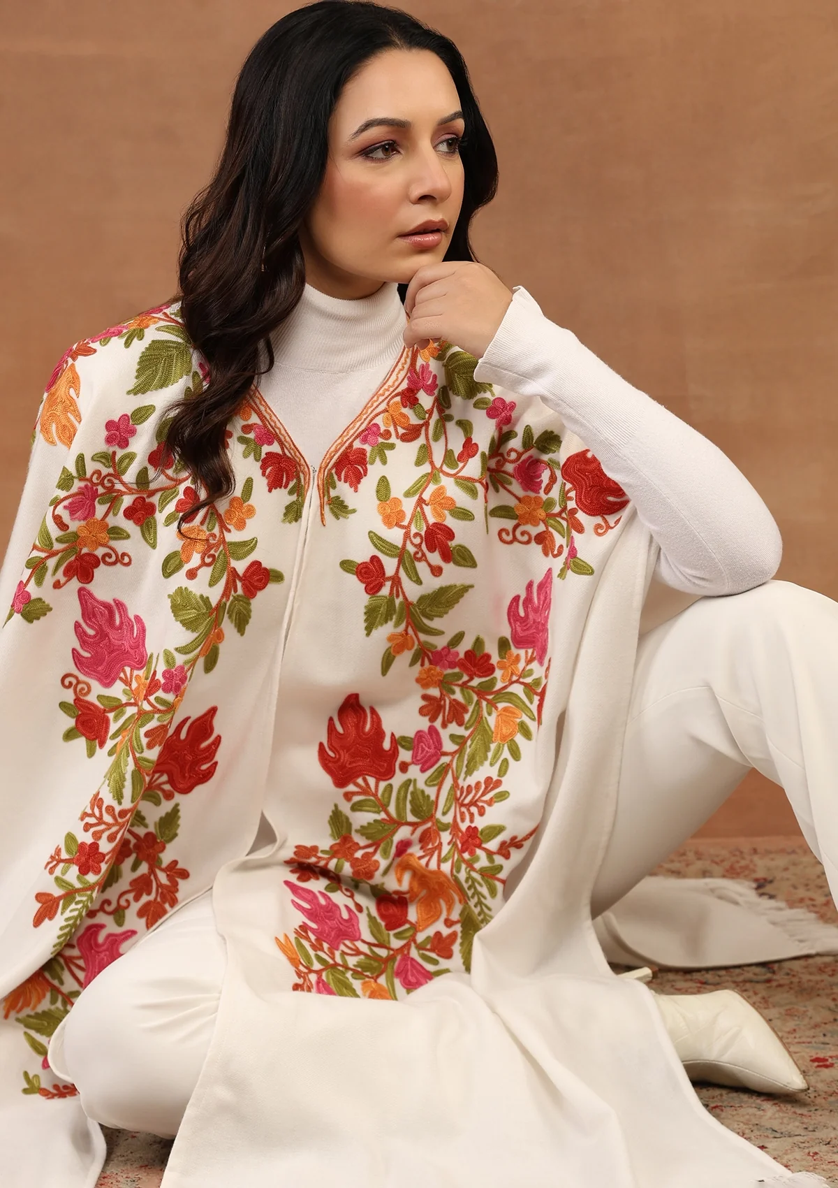 HOC Kashmiri Wool Aari Embroidered Solid Women's Cape -White - Healthber