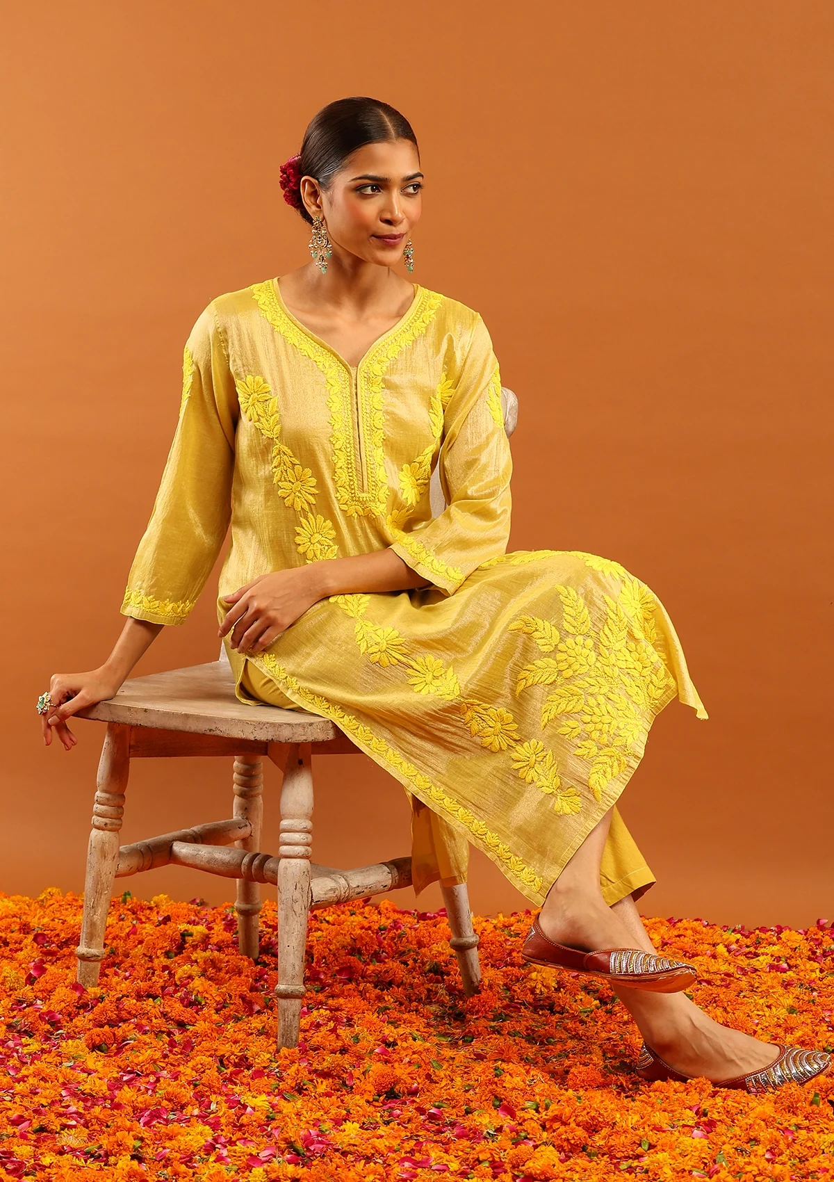 HOC Tissue Silk Chikankari Solid Women's Long Kurta With Inner-Yellow - Healthber