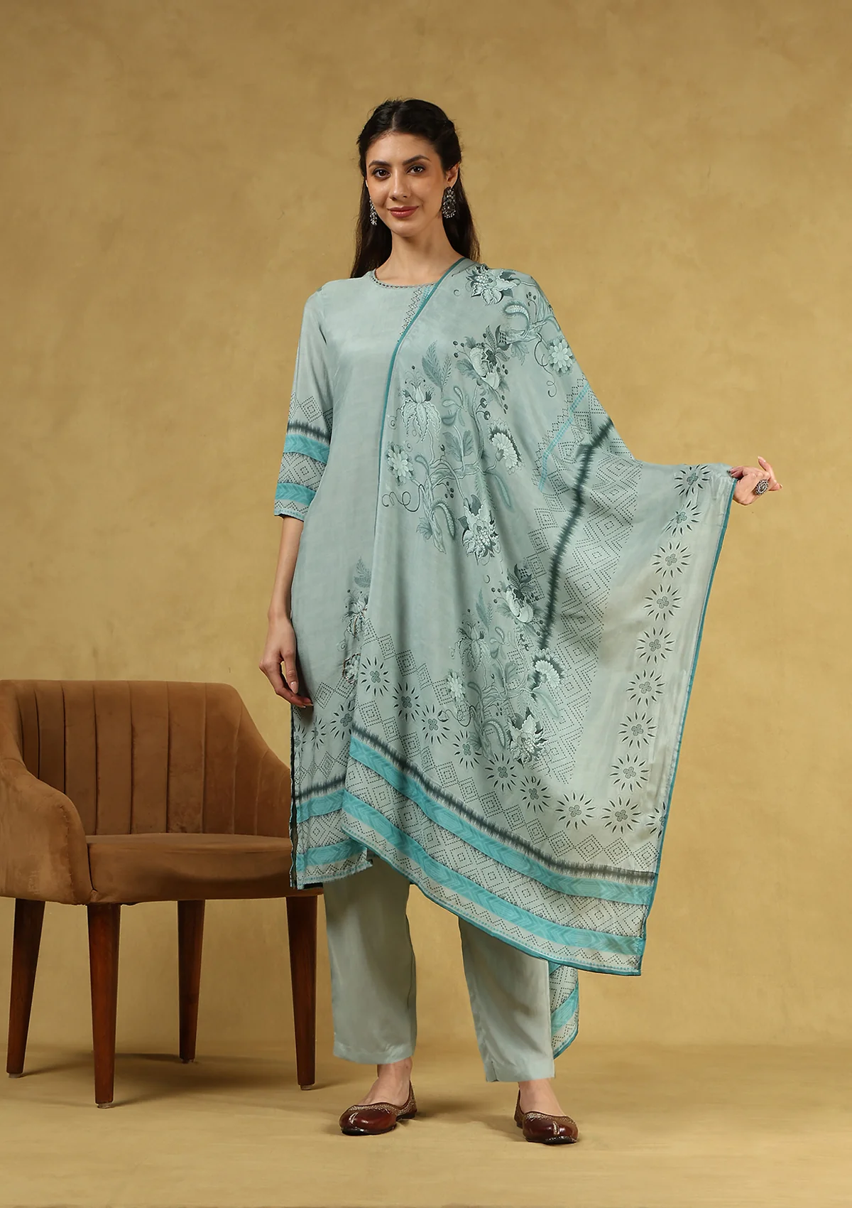 HOC Hand Embellished Muslin Zari Printed Women's 3 PC Long Kurta Set with Dupatta - Sea Green - Healthber