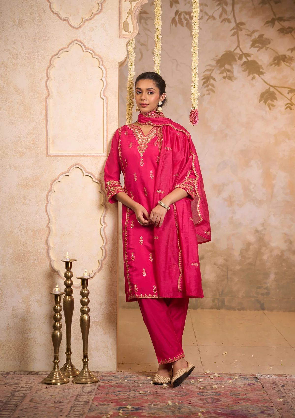 HOC Chanderi Blend Embroidered Zardozi Solid Women's 3 PC Long Kurta Set-Pink - Healthber