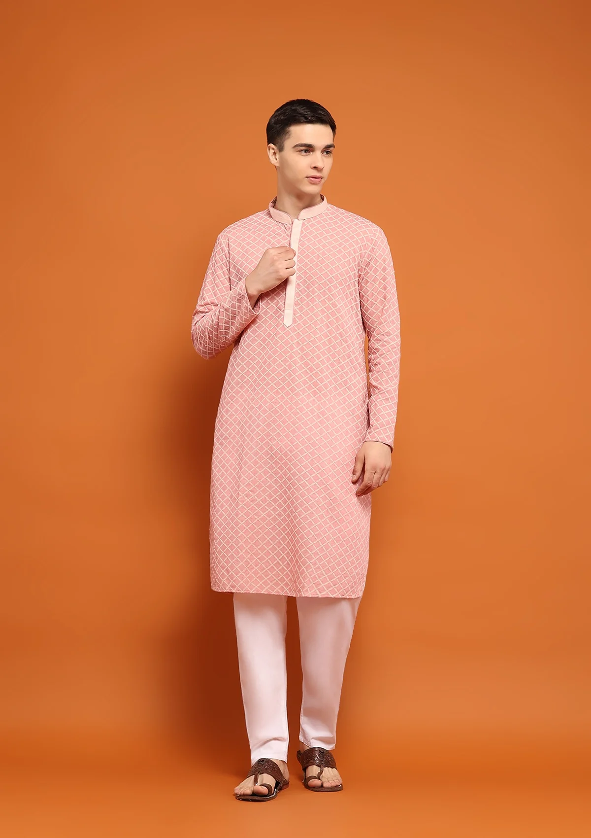 HOC Dobby Textured Solid Men's Long Kurta - Peach - Healthber