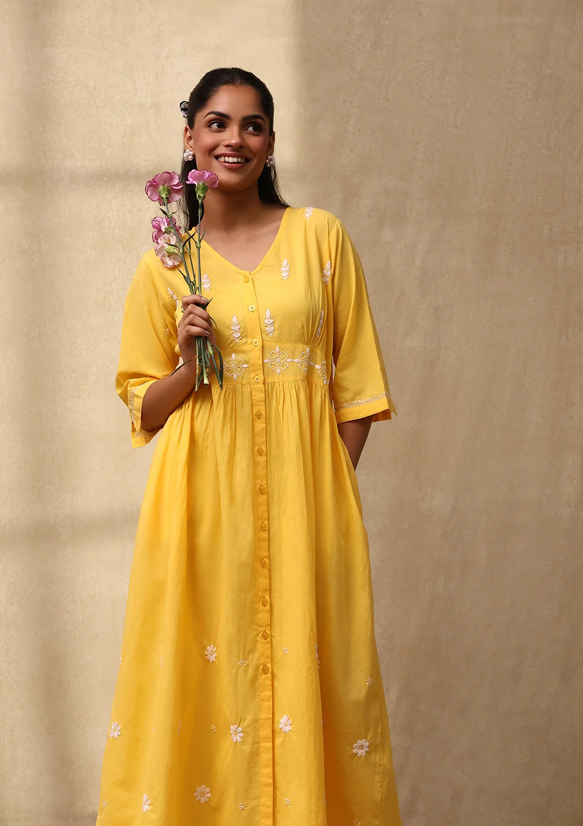 HOC Cotton Cambric Chikankari Solid Women's Long Dress -Yellow - Healthber