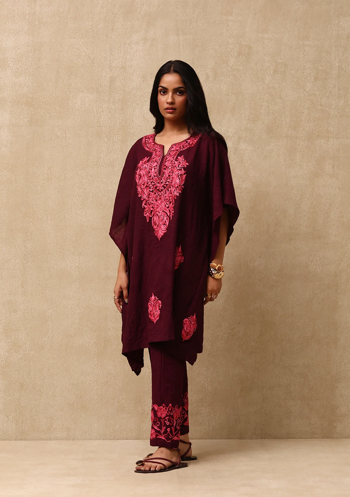 HOC Aari Embroidered Cotton Crush Crepe Solid Women's 2PC Kaftan Set - Wine - Healthber